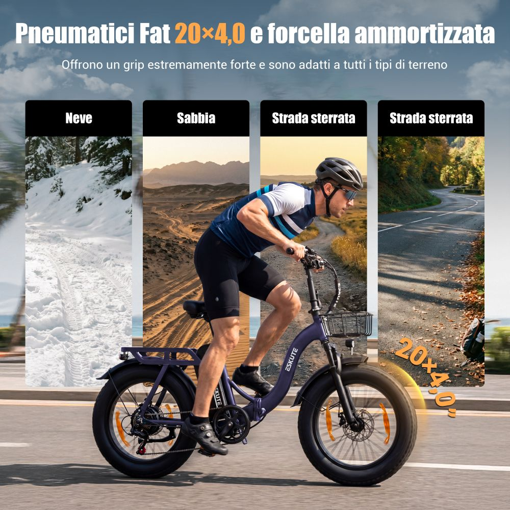 Uomo su e-bike con pneumatici grassi su neve, sabbia e strade sterrate.