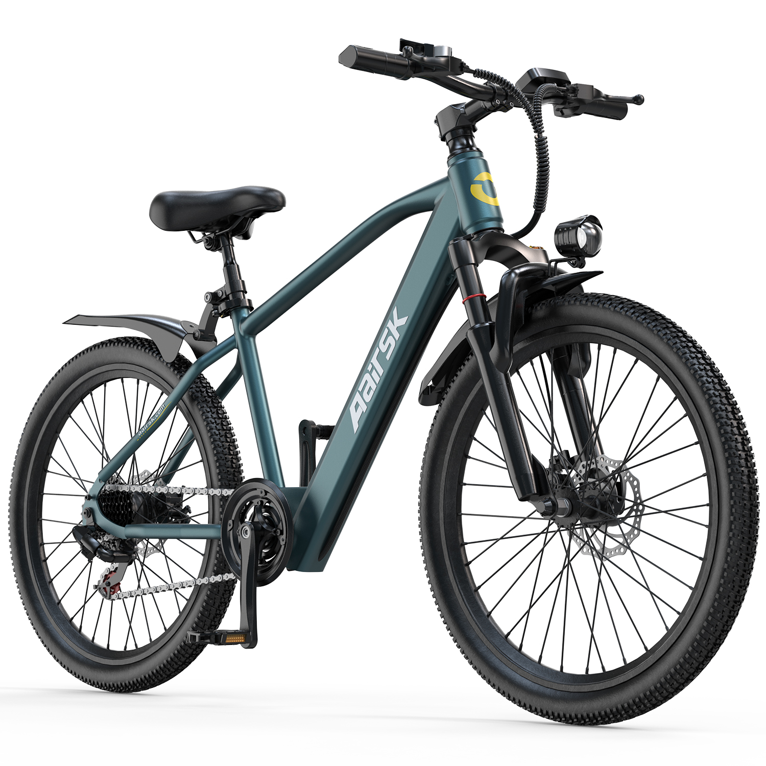Una bicicleta eléctrica verde oscuro con llantas anchas, horquilla de suspensión y faro.