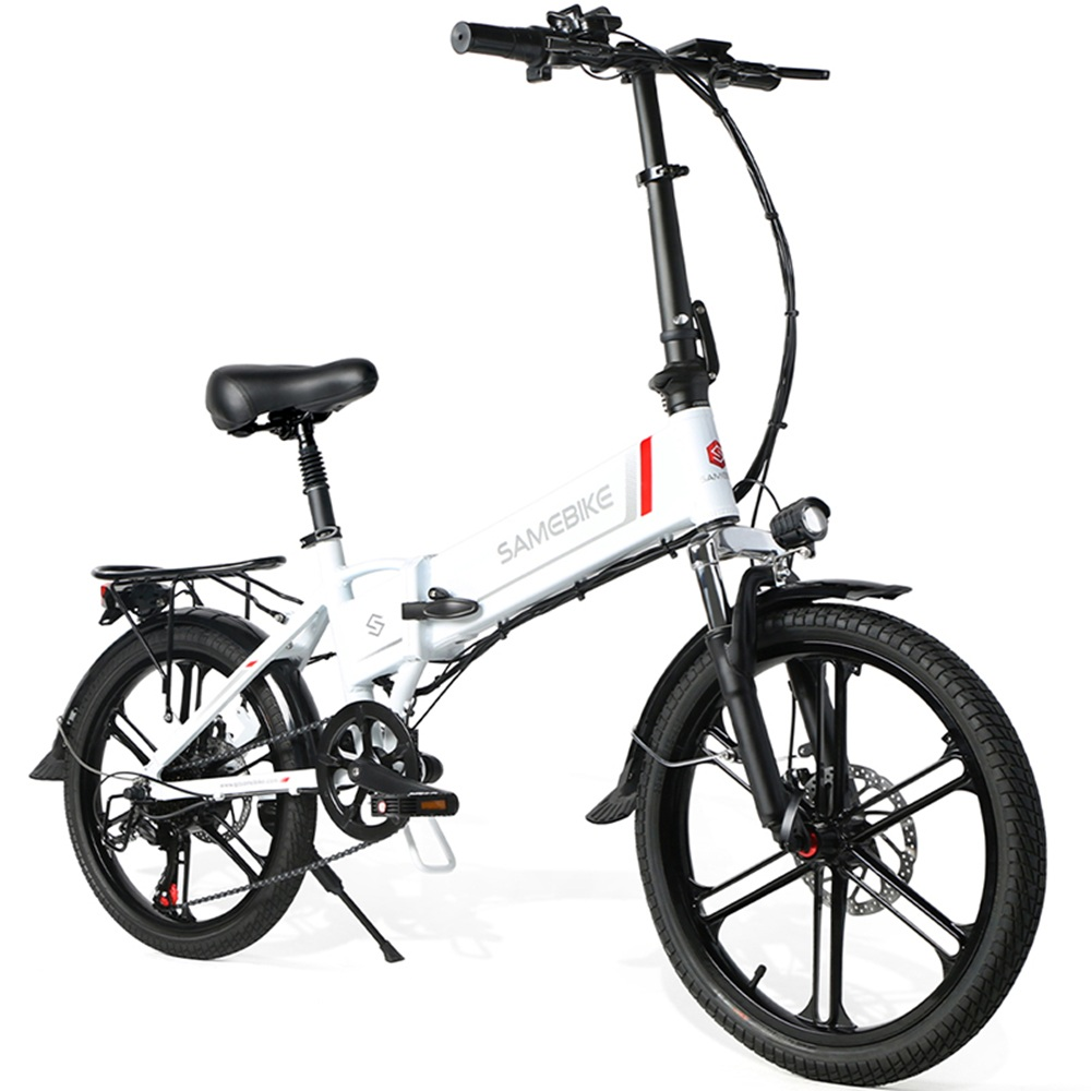 Una bicicleta eléctrica plegable blanca con sillín y ruedas negras.