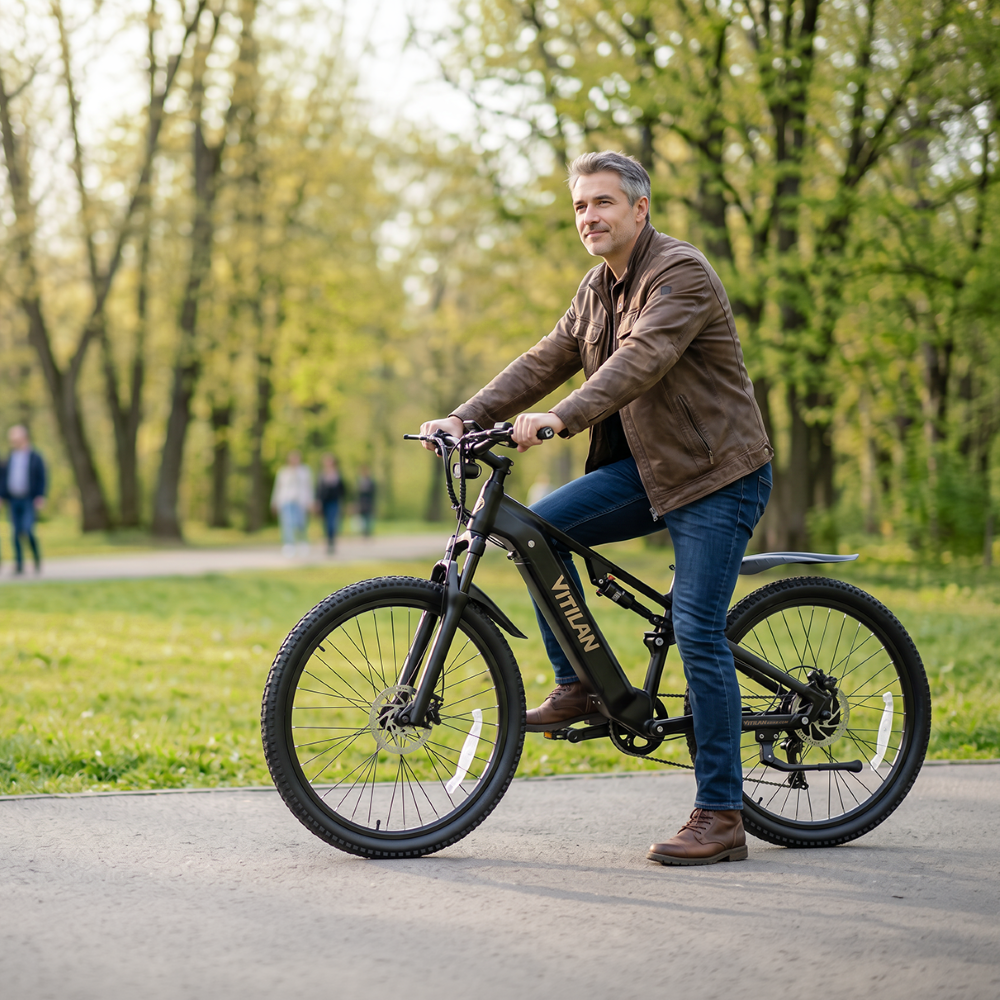 Un hombre con chaqueta marrón monta una e-bike negra en un camino de parque.