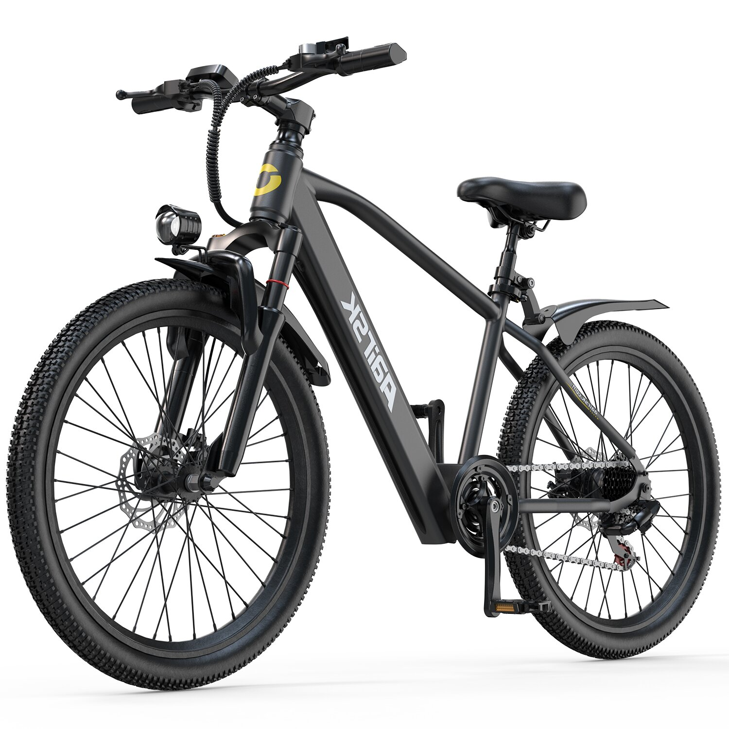 Una bicicleta eléctrica negra con neumáticos anchos, horquilla de suspensión, faro y guardabarros.