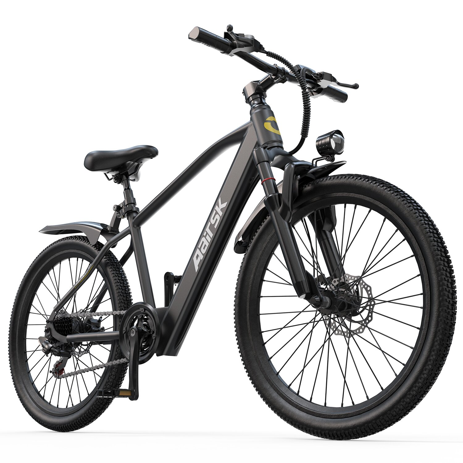 Una bicicleta eléctrica negra con neumáticos anchos y un faro.