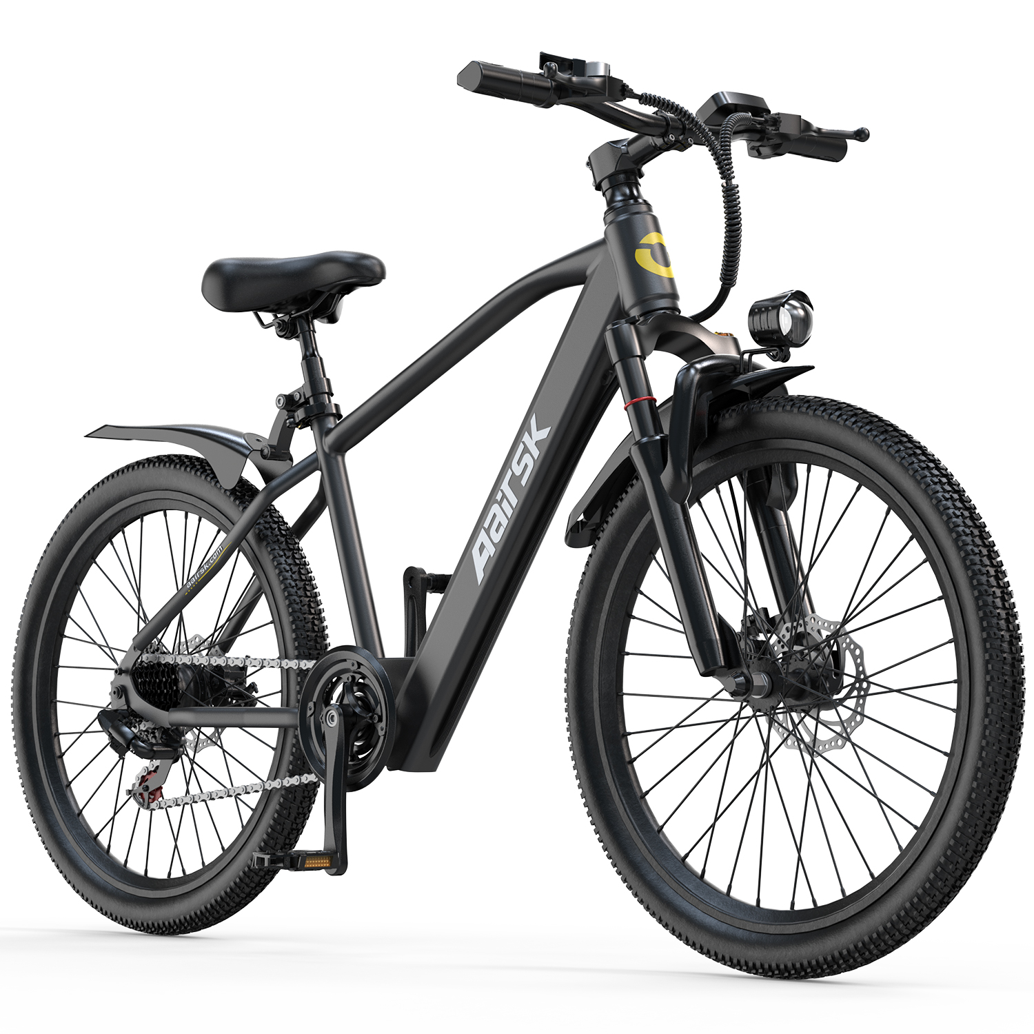 Una bicicleta eléctrica de montaña negra con neumáticos de tacos, suspensión delantera y faro.