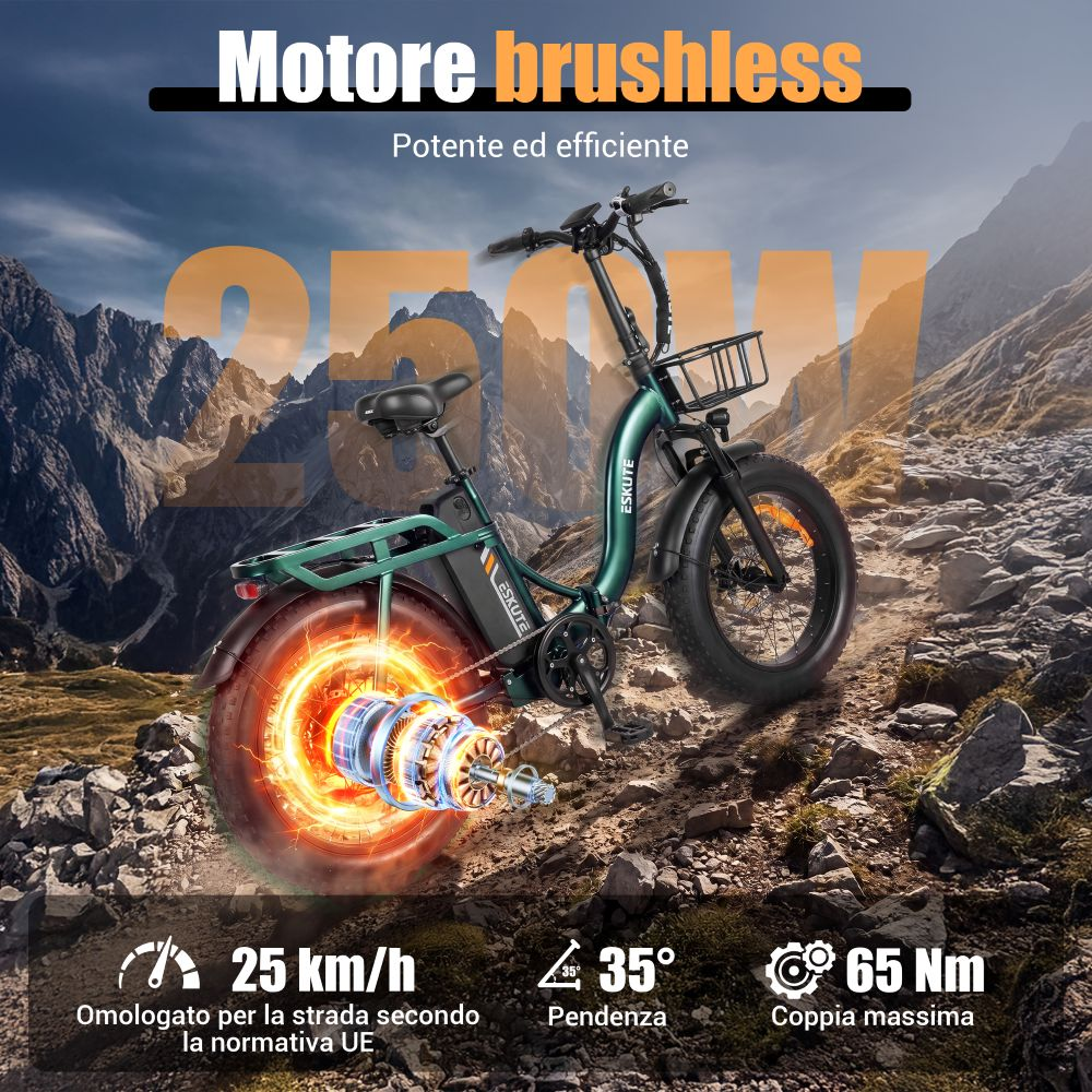 E-bike verde con cestino su sentiero roccioso. 25 km/h, pendenza 35°, 65 Nm.