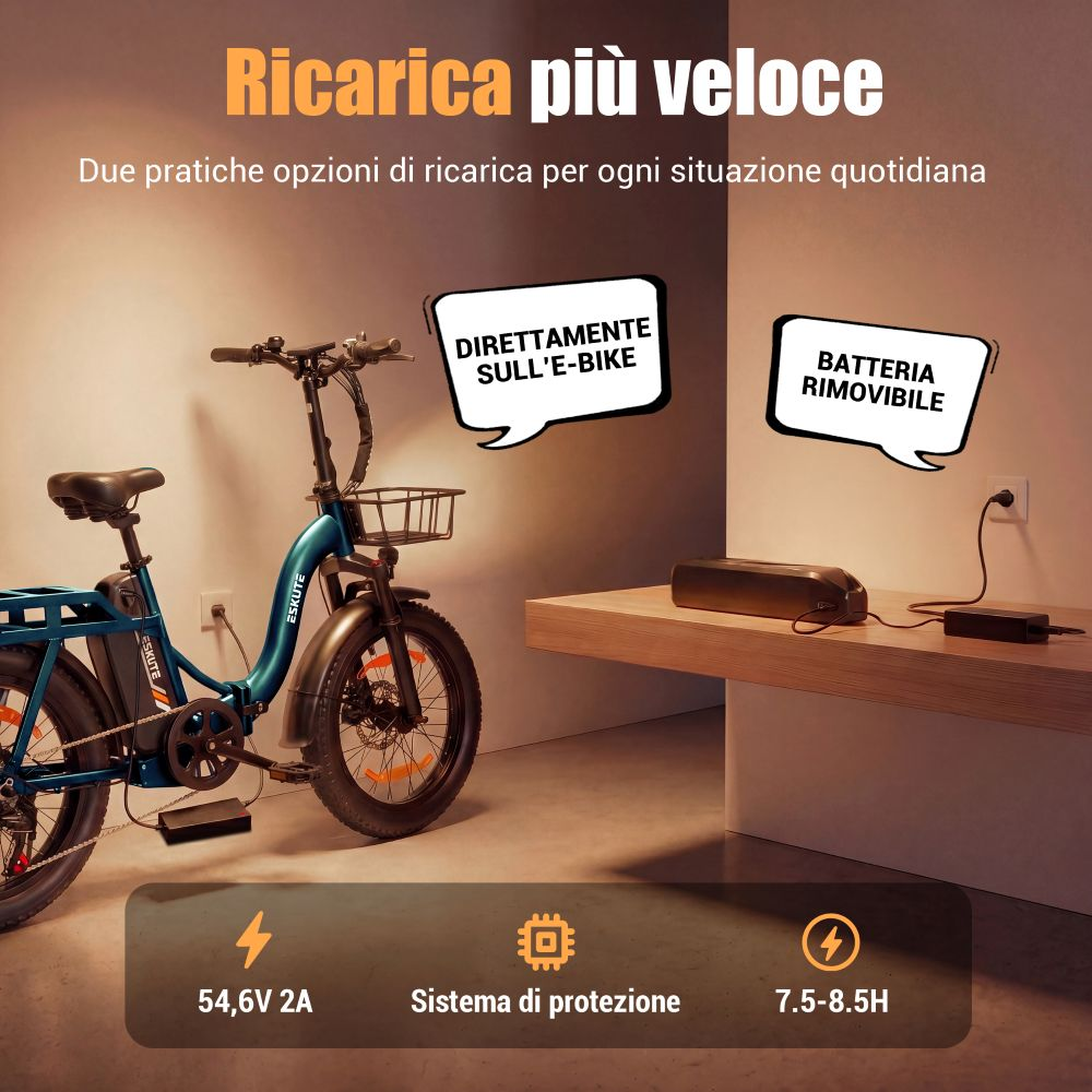 Una e-bike blu con cestino accanto a un caricabatterie e batteria.