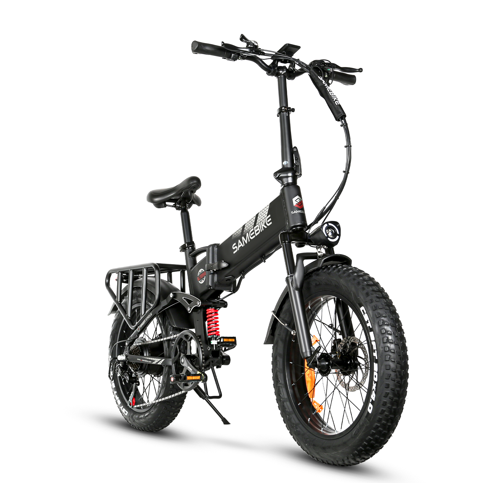 Bicicleta eléctrica plegable negra con llantas anchas, suspensión y portaequipajes.