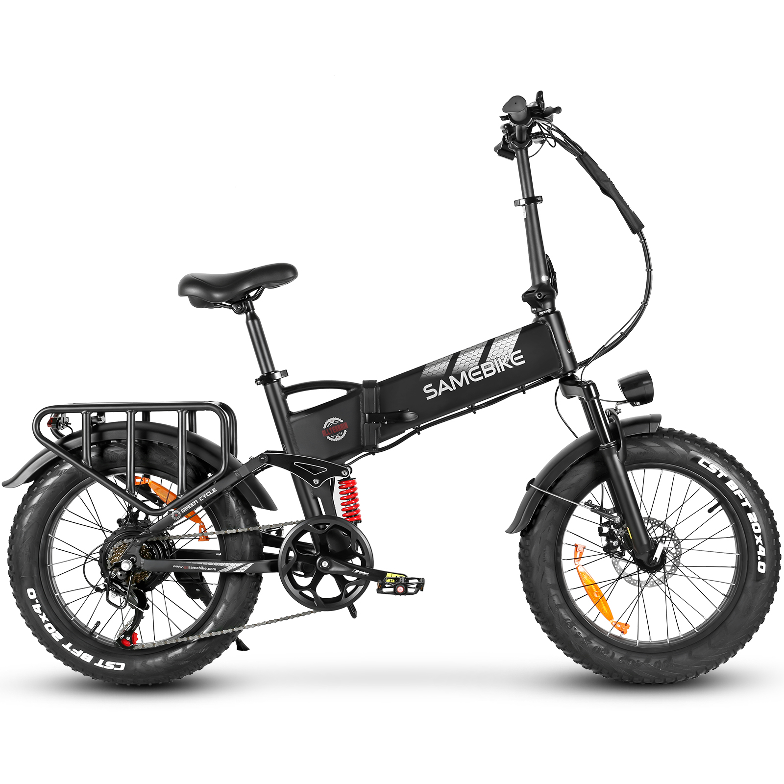 Bicicleta eléctrica plegable negra con ruedas anchas y portaequipajes.