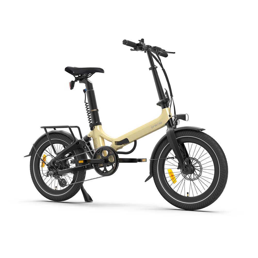 Bicicletta elettrica pieghevole beige con sella e portapacchi neri.