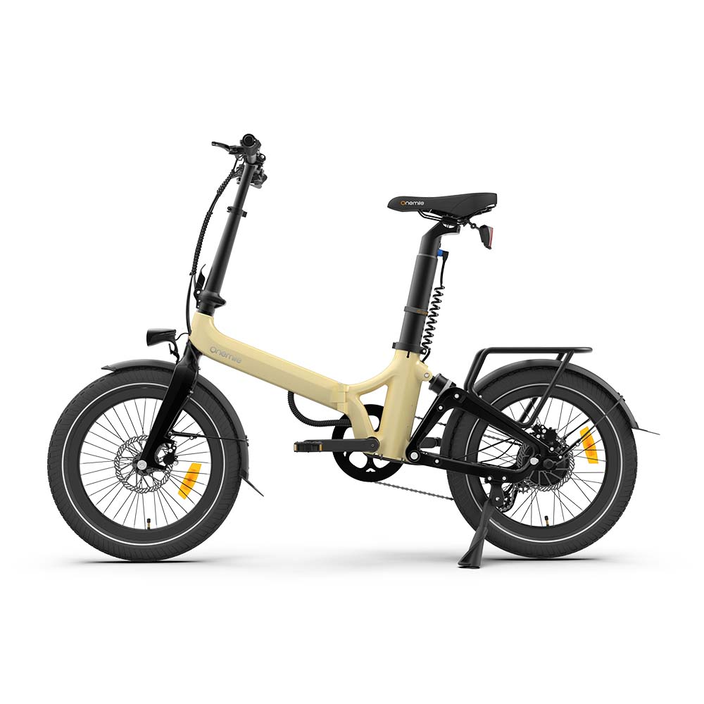 Una bicicletta elettrica pieghevole beige con accenti neri e riflettori.