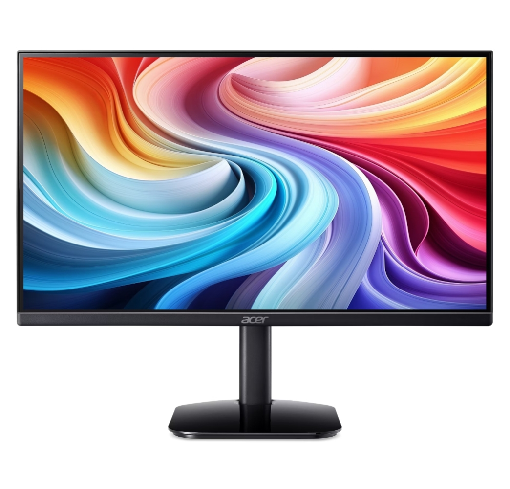 Un monitor Acer nero che visualizza un motivo astratto e colorato.