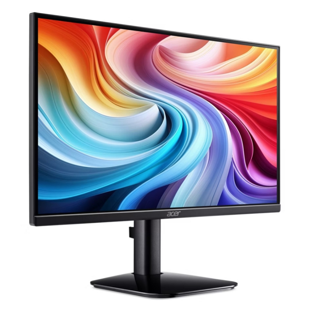 Un monitor Acer nero visualizza uno sfondo colorato e vorticoso. Il monitor poggia su una base nera.
