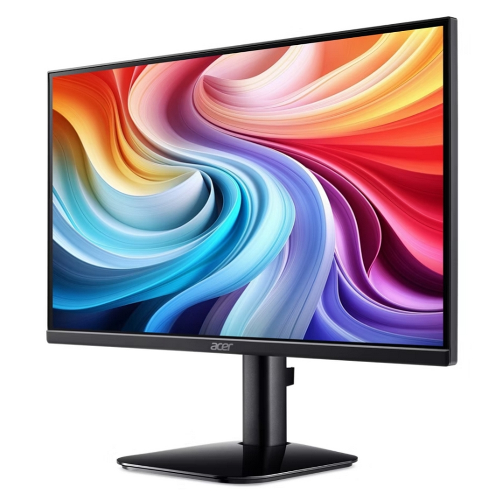 Un monitor Acer con un motivo colorato e vorticoso sullo schermo.