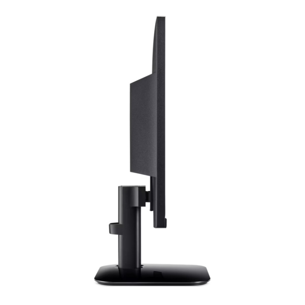 Un monitor di computer nero visto di profilo su sfondo bianco.