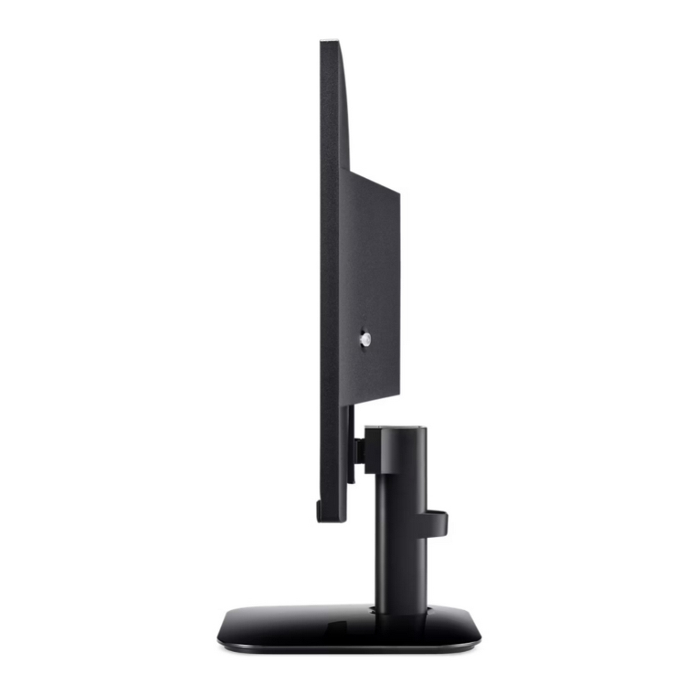 Vista laterale di un monitor nero su supporto su sfondo bianco.