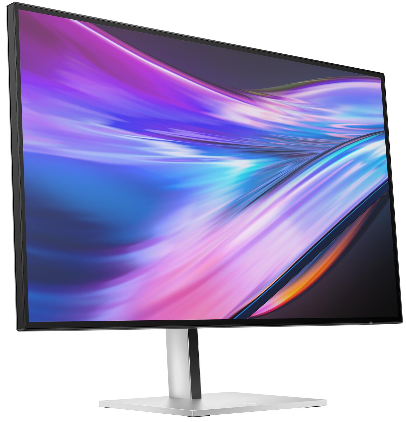 Un monitor moderno con uno sfondo astratto e colorato. Base argentata.
