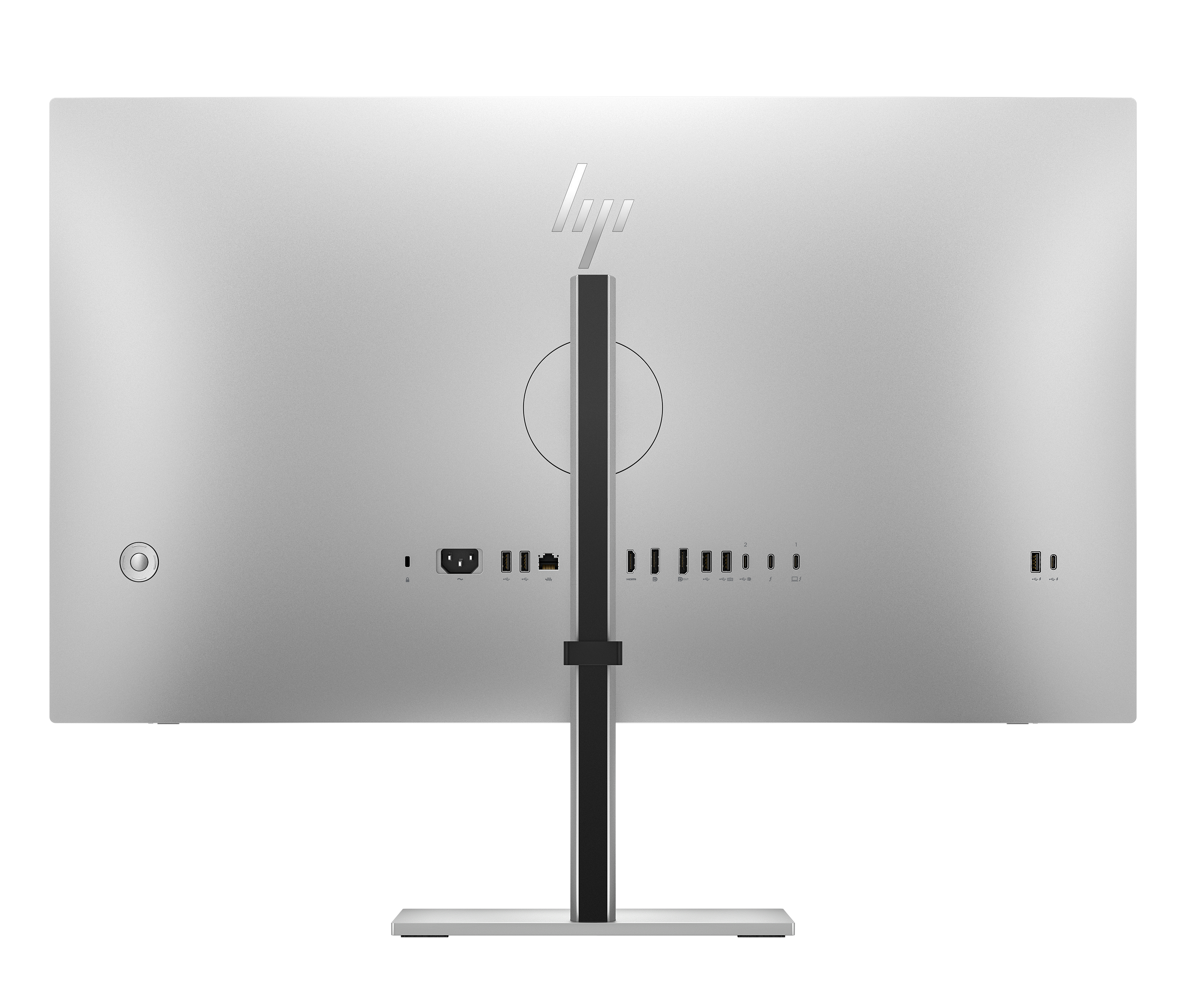 Retro di un computer all-in-one argentato con porte e logo HP.