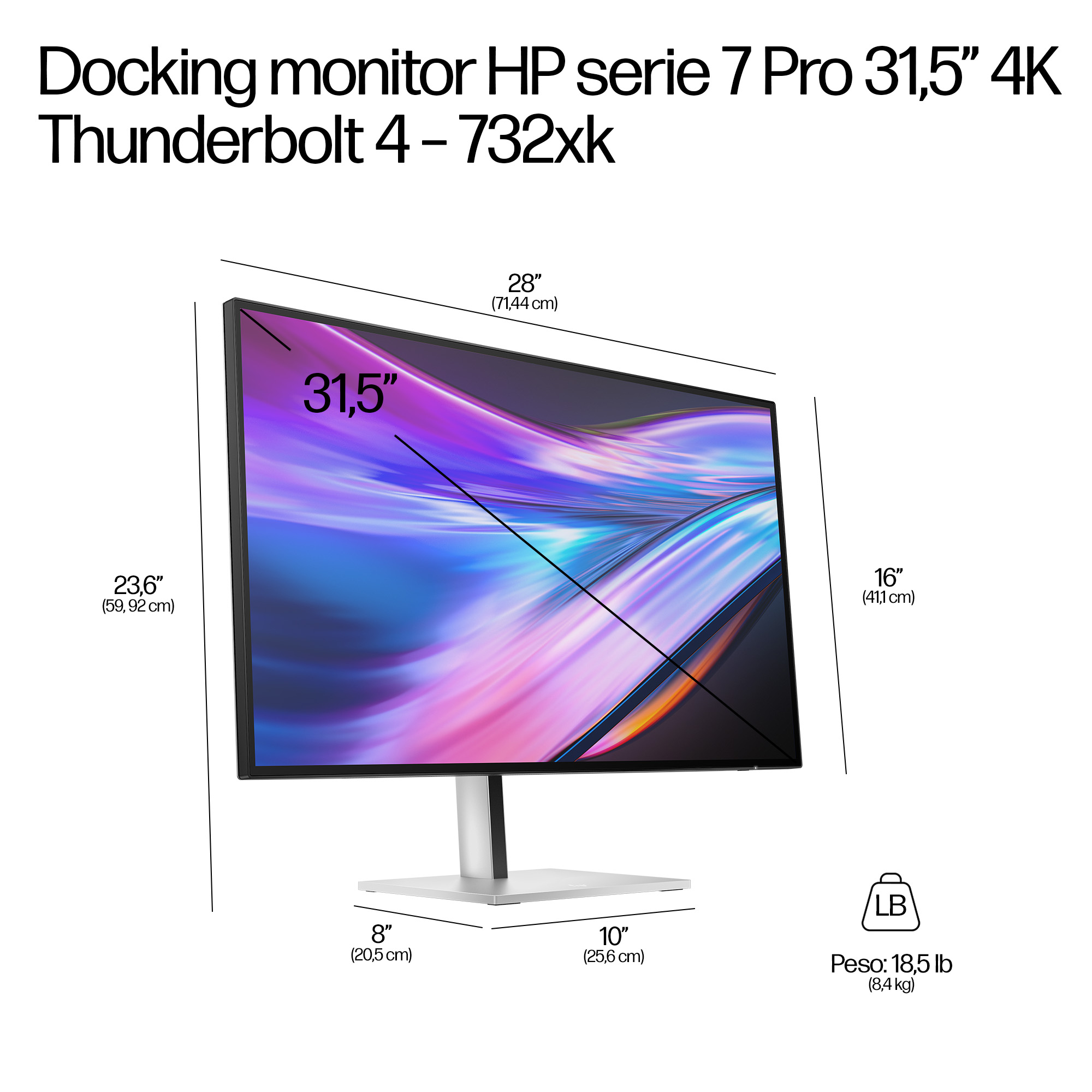 Monitor HP 4K da 31,5 pollici con Thunderbolt 4. Dimensioni: 71,44x41,1x20,5 cm.