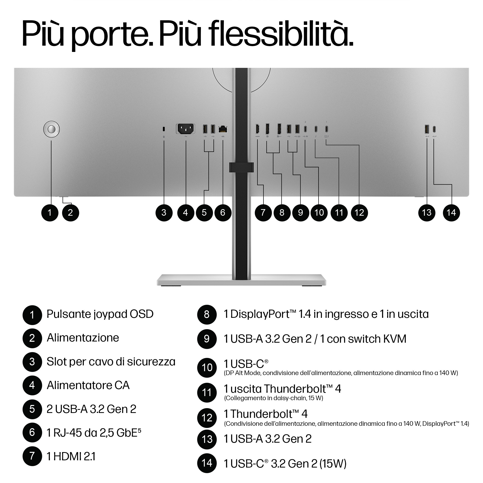 Retro del monitor con porte numerate: USB, HDMI, DisplayPort, Thunderbolt.