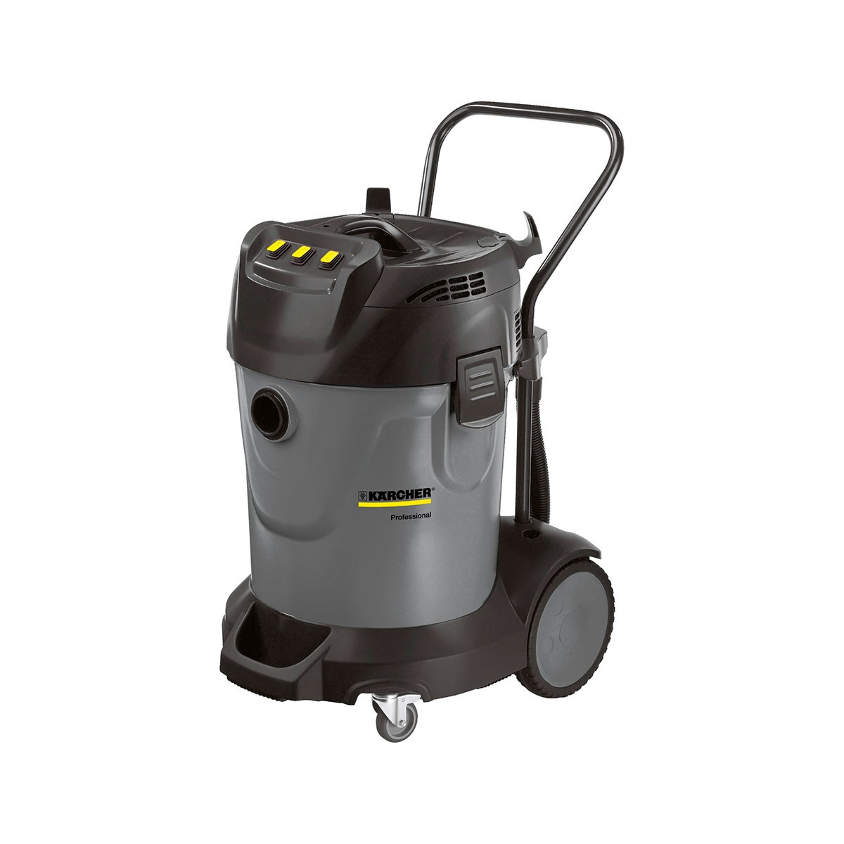 Aspiradora profesional Kärcher gris con mango y ruedas negras.