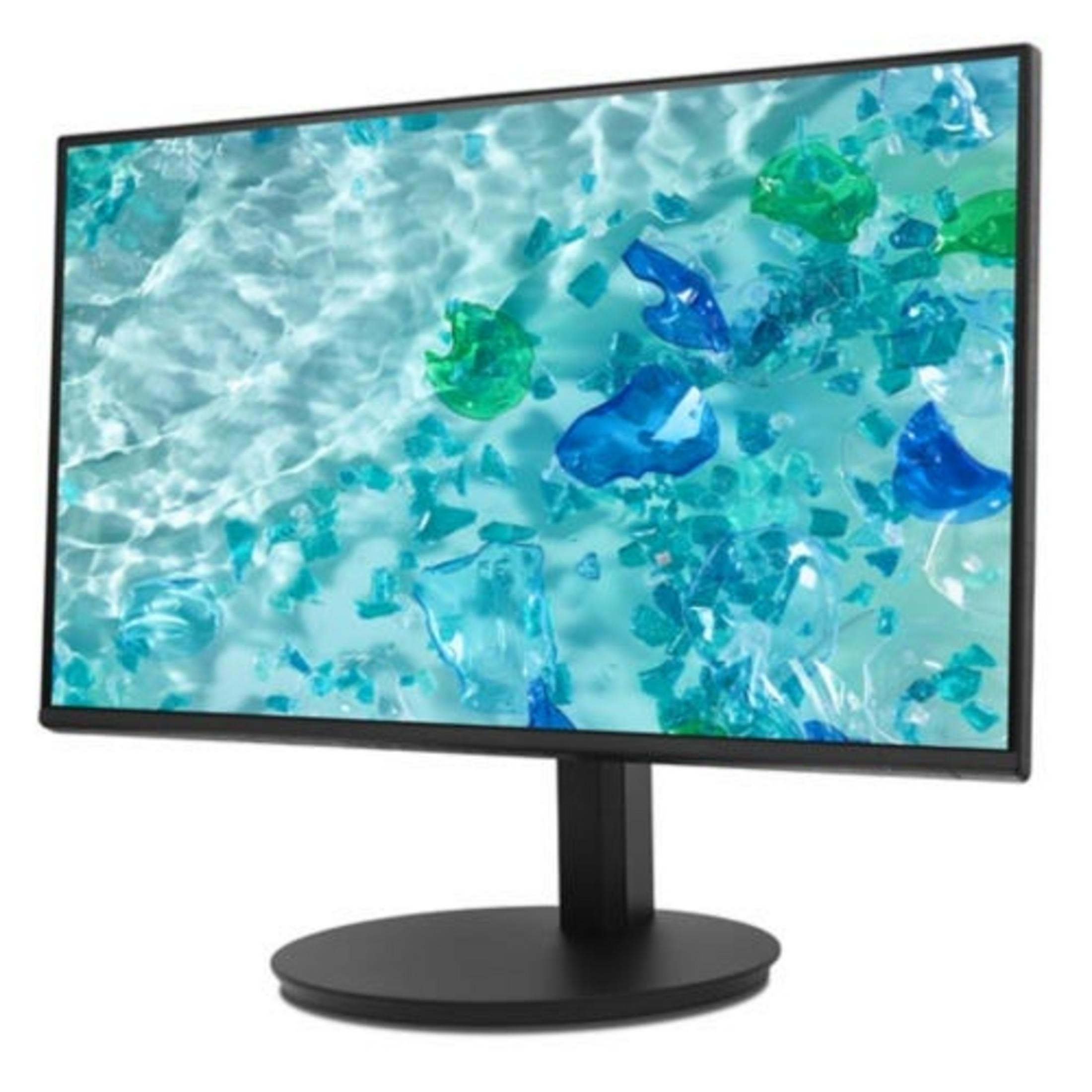 Un monitor nero con un motivo astratto di schegge blu e verdi su sfondo chiaro.