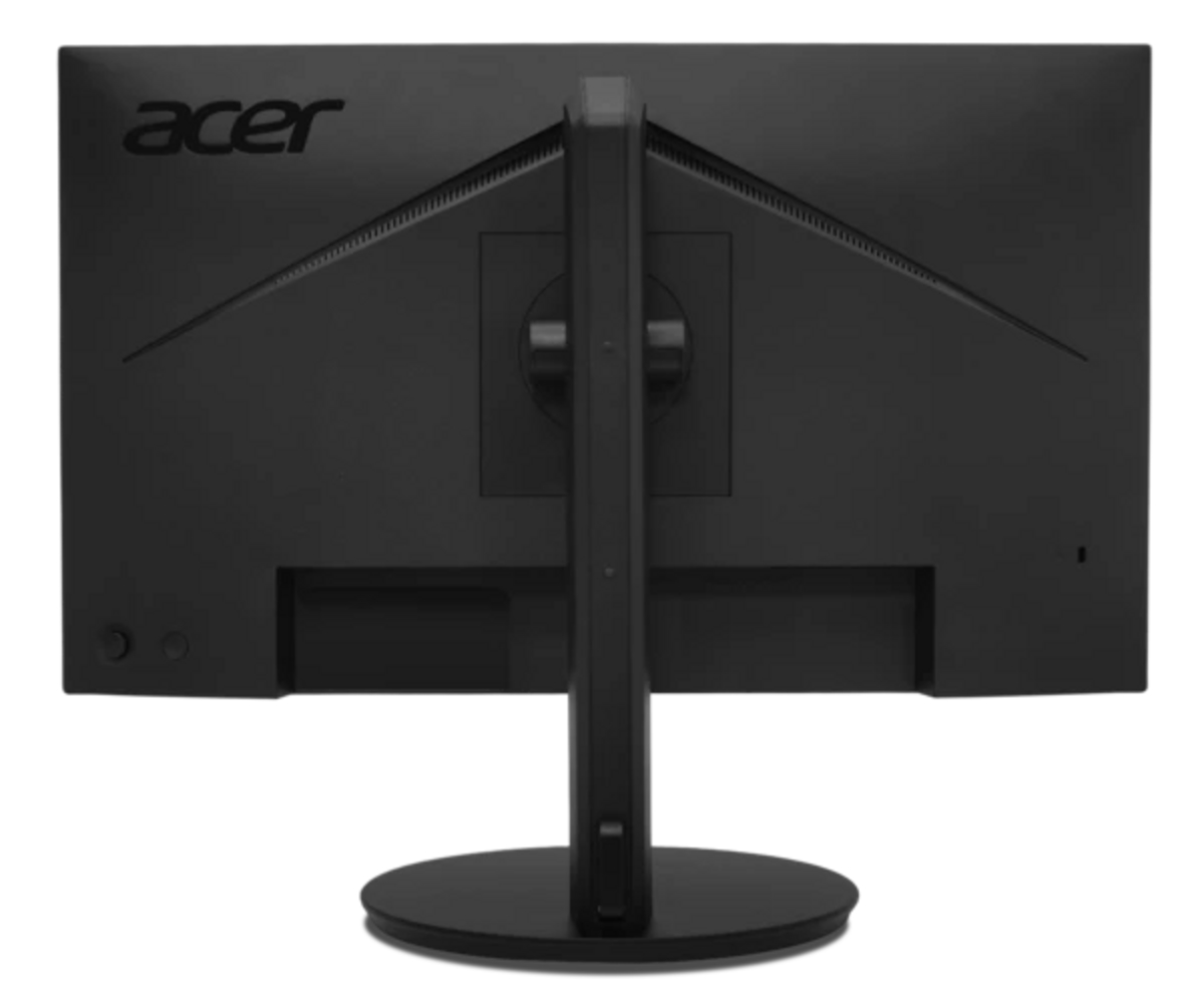 Retro di un monitor Acer nero con supporto. Due porte visibili in basso a sinistra.