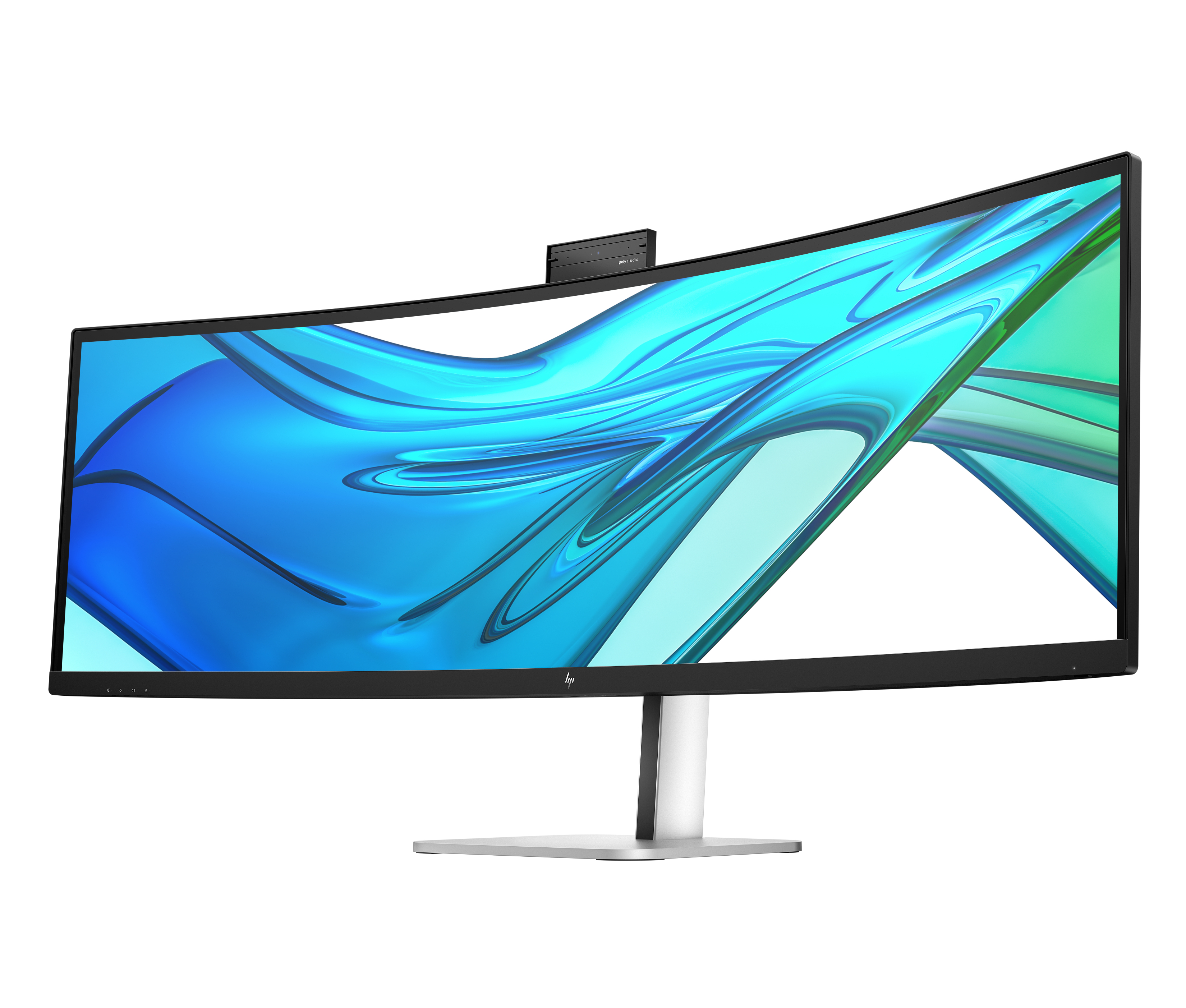 Un monitor curvo con sfondo astratto blu-verde e una fotocamera.