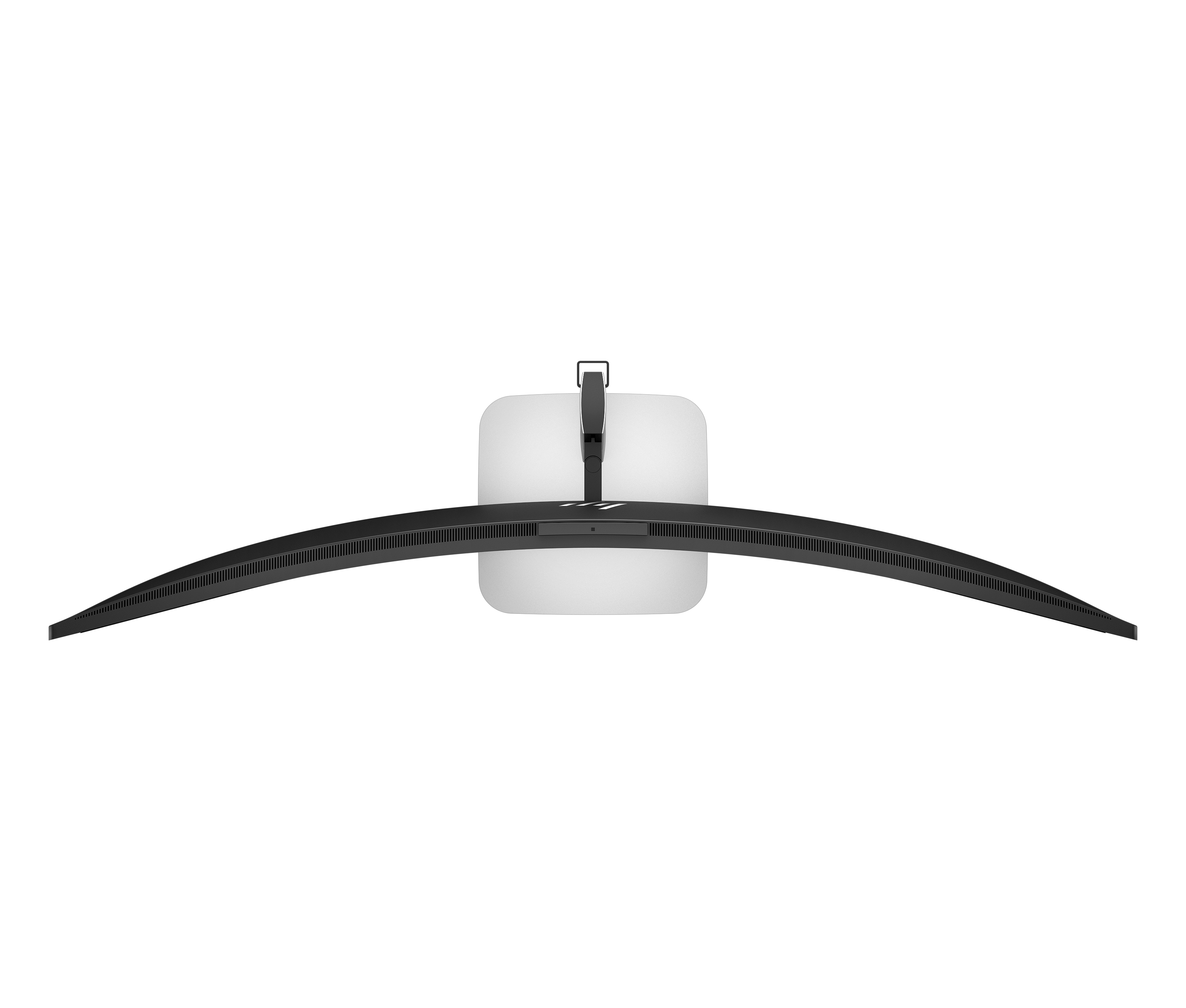Una cornice curva nera per monitor con prese d'aria e supporto bianco vista dall'alto.