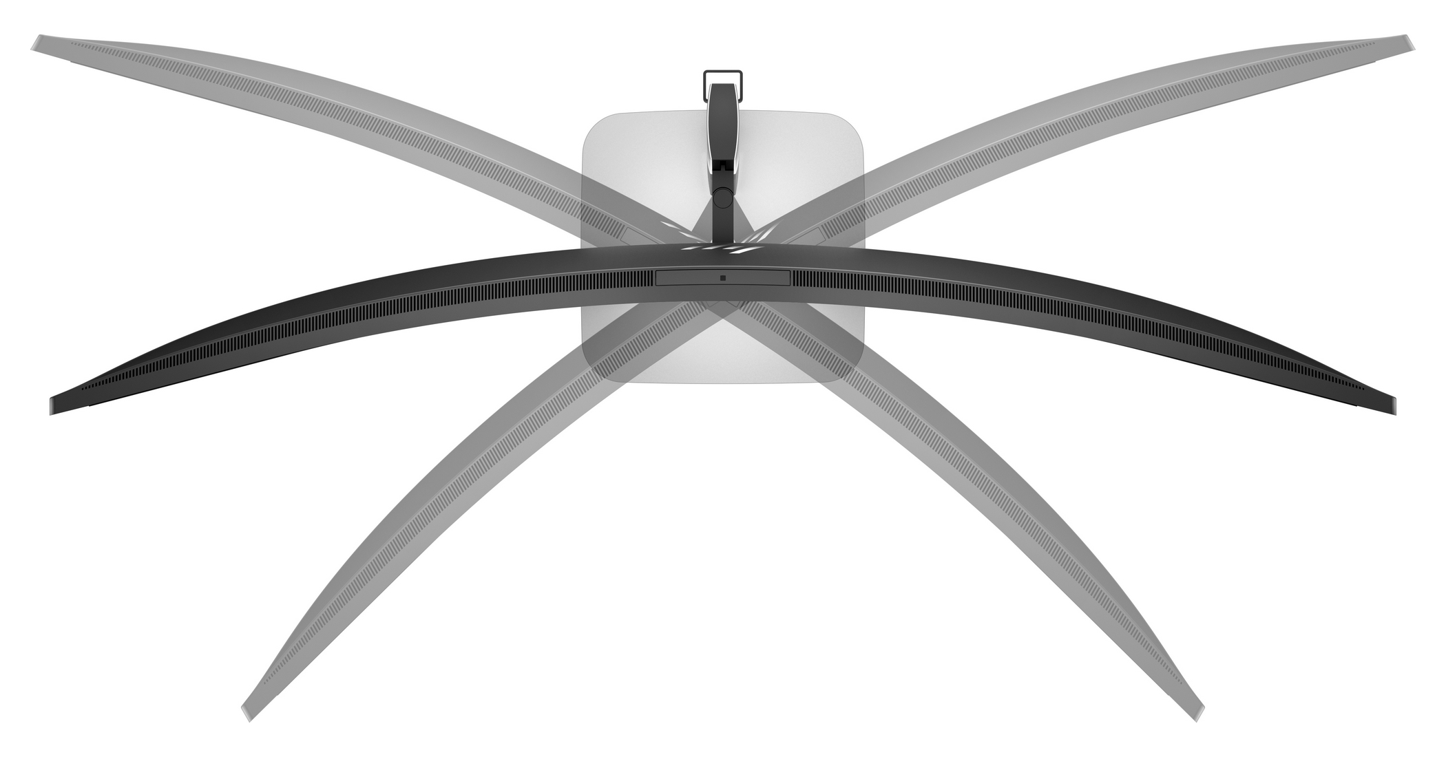 Base di un monitor curvo con braccia tese su sfondo bianco.