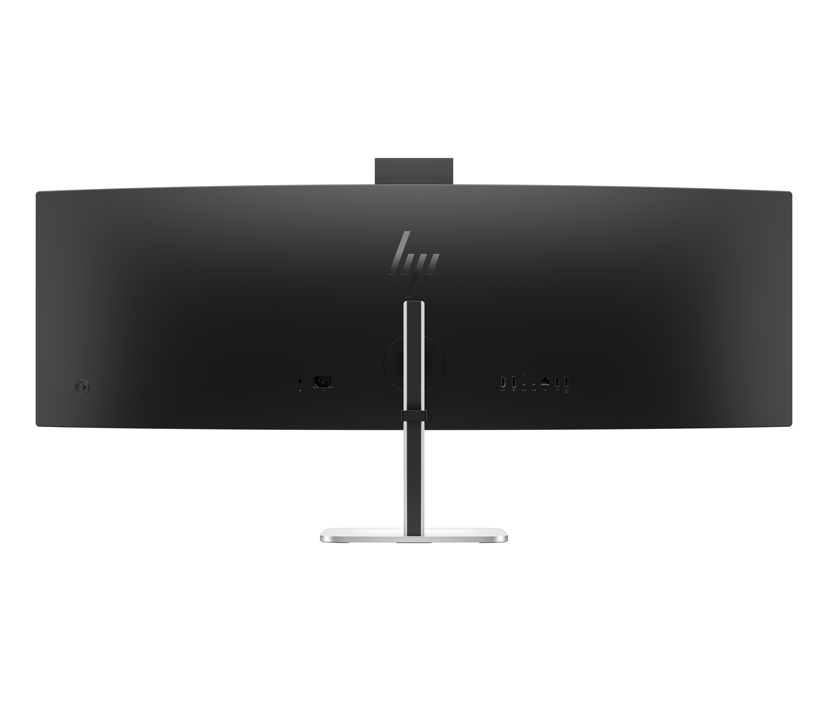 Vista posteriore di un elegante monitor nero con logo HP e porte.