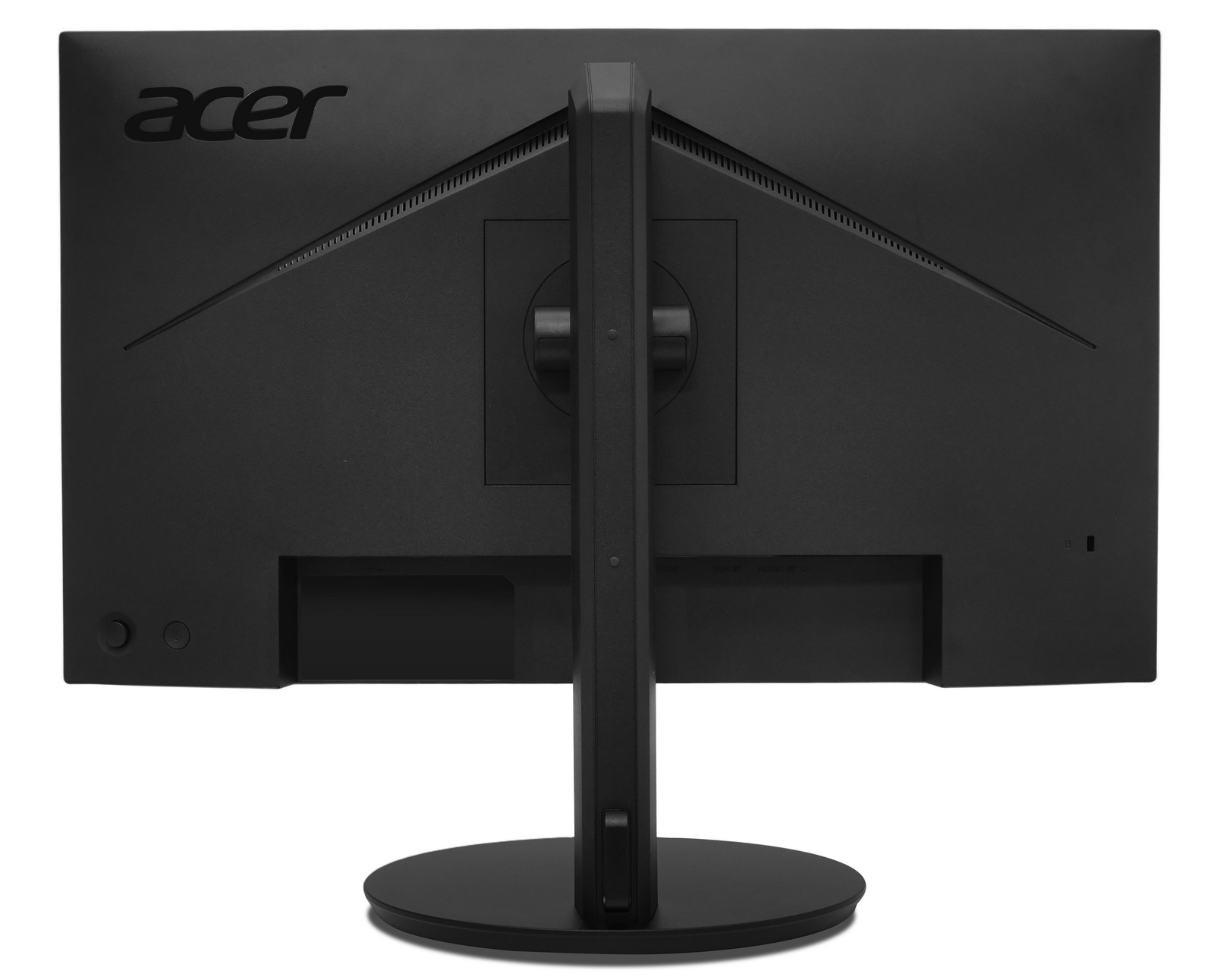 Vista posteriore di un monitor Acer nero con supporto e porte.