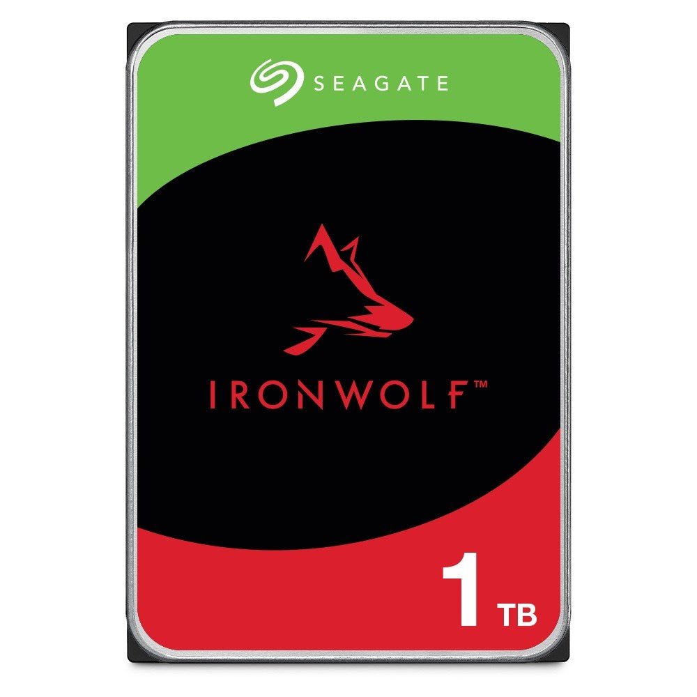 Seagate IronWolf 1TB drive with red wolf head logo and green/black/red design.