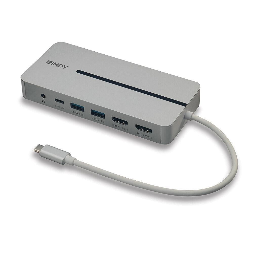 Grauer Lindy USB-C Hub mit PD/Daten, 2x USB/BC 1.2, 2x HDMI 4K Anschlüssen.