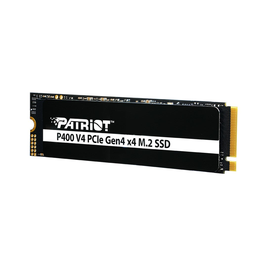 A black M.2 SSD with Patriot logo and specifications.