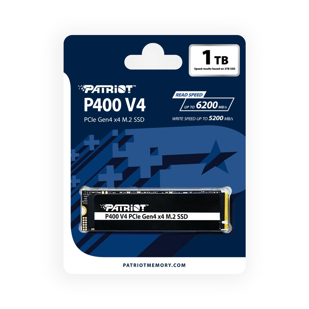 Packaging of a Patriot P400 V4 1TB M.2 SSD with speed specifications.