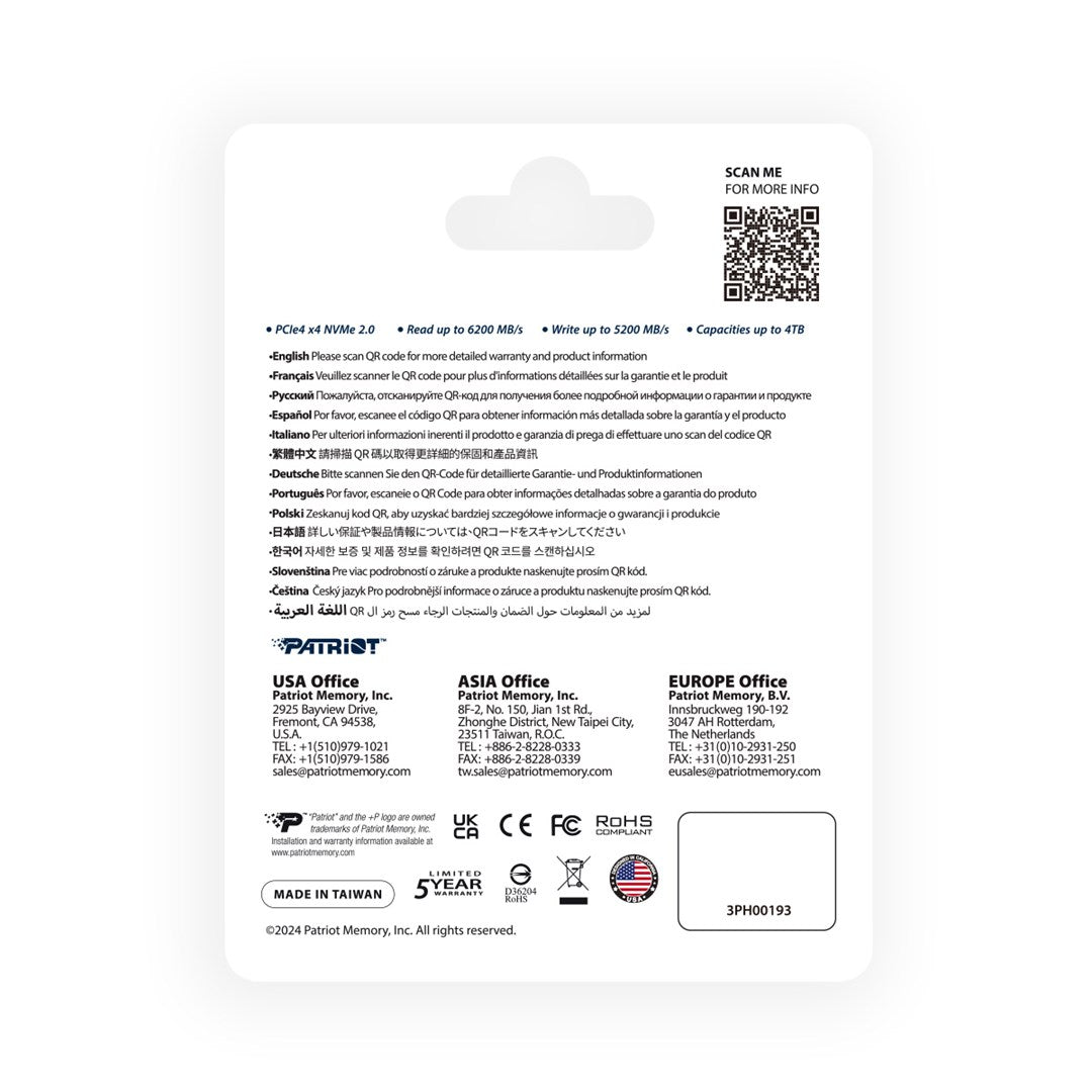 QR code with warranty and product information, Patriot logo and office addresses.