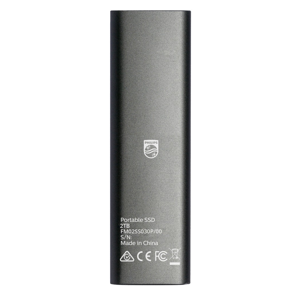Un SSD portable Philips gris foncé de 2TB. Détails du modèle et de l'origine.