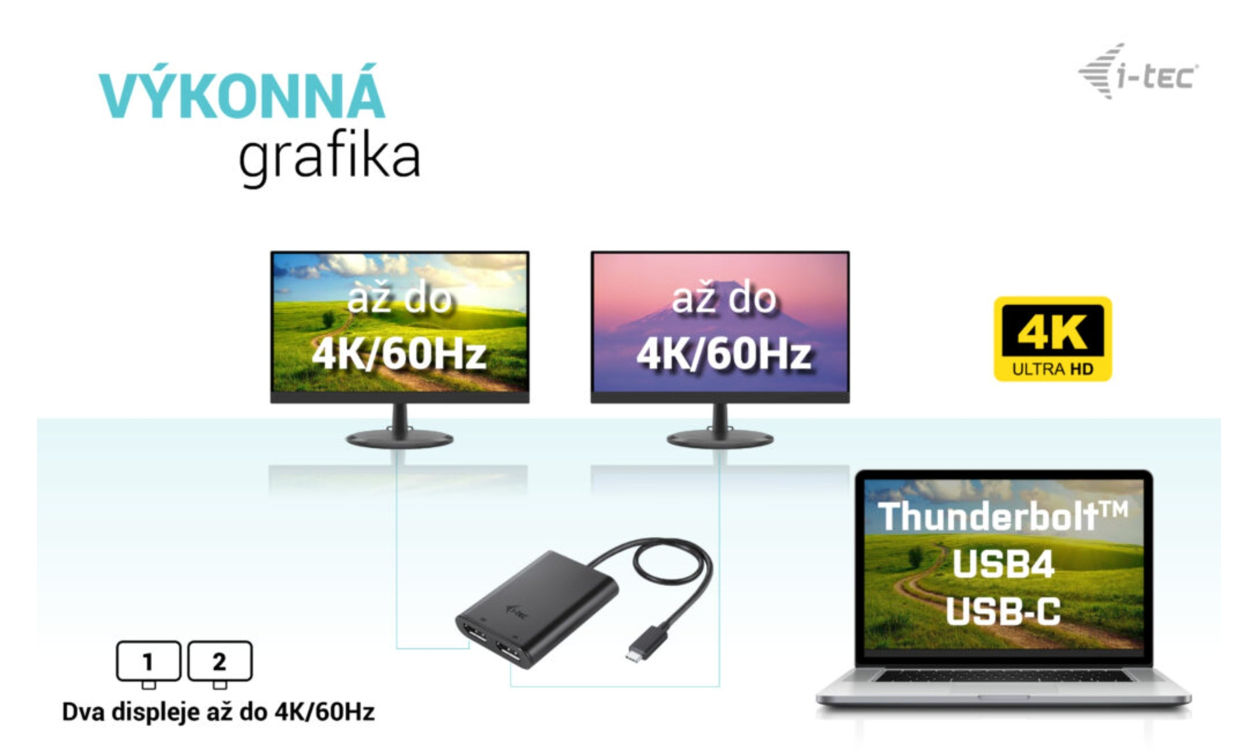 Un laptop con Thunderbolt USB4 USB-C si collega a un hub per due display 4K/60Hz.
