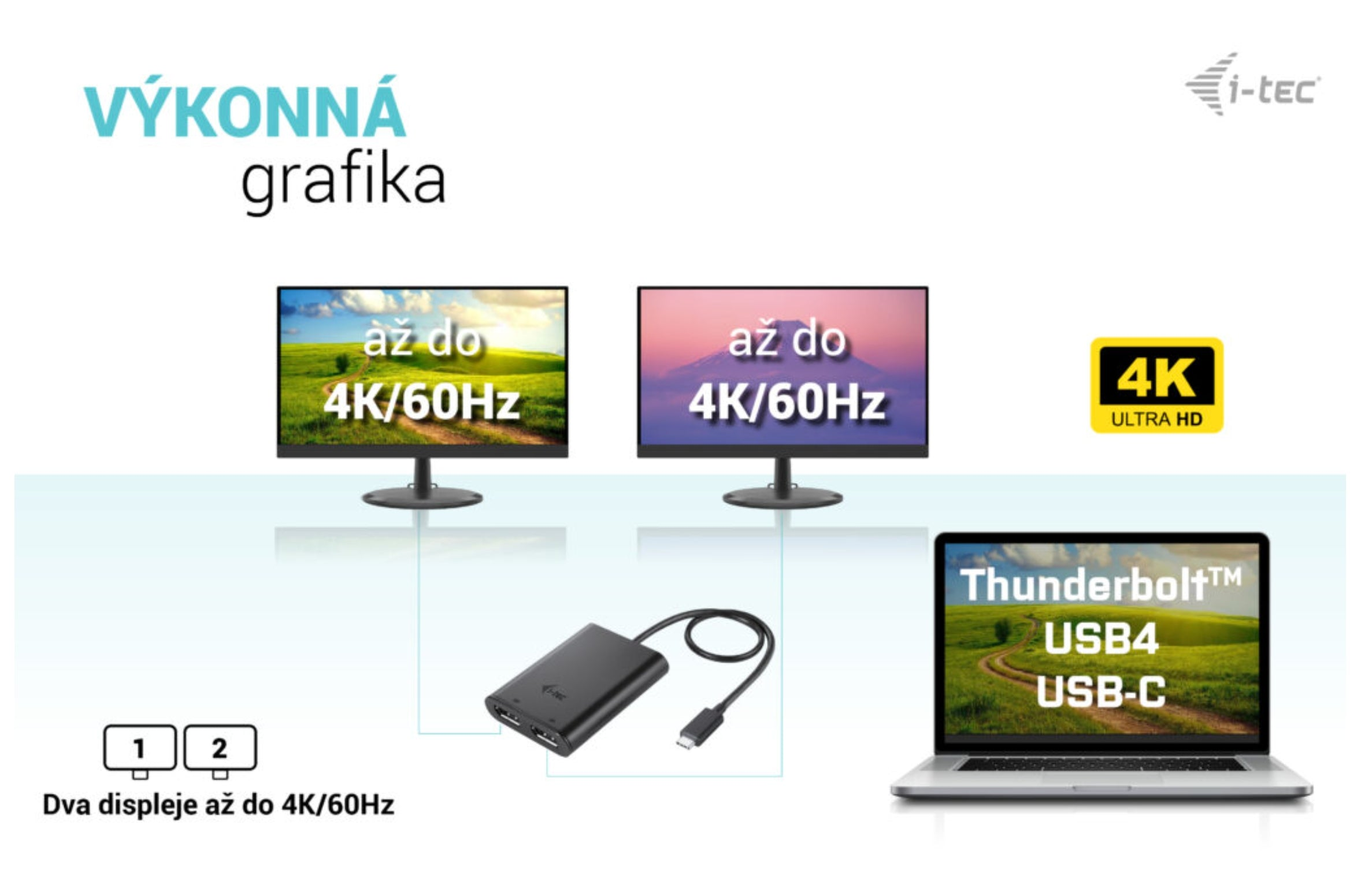 Due display 4K/60Hz collegati tramite un adattatore Thunderbolt USB-C da un laptop.