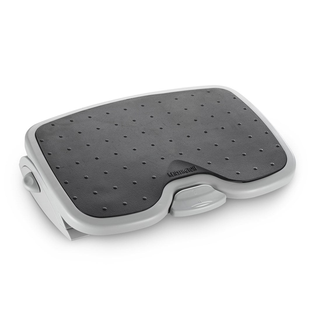 Grauer ergonomischer Fußhocker mit schwarzer, gepunkteter Trittfläche und Kurbelverstellung.