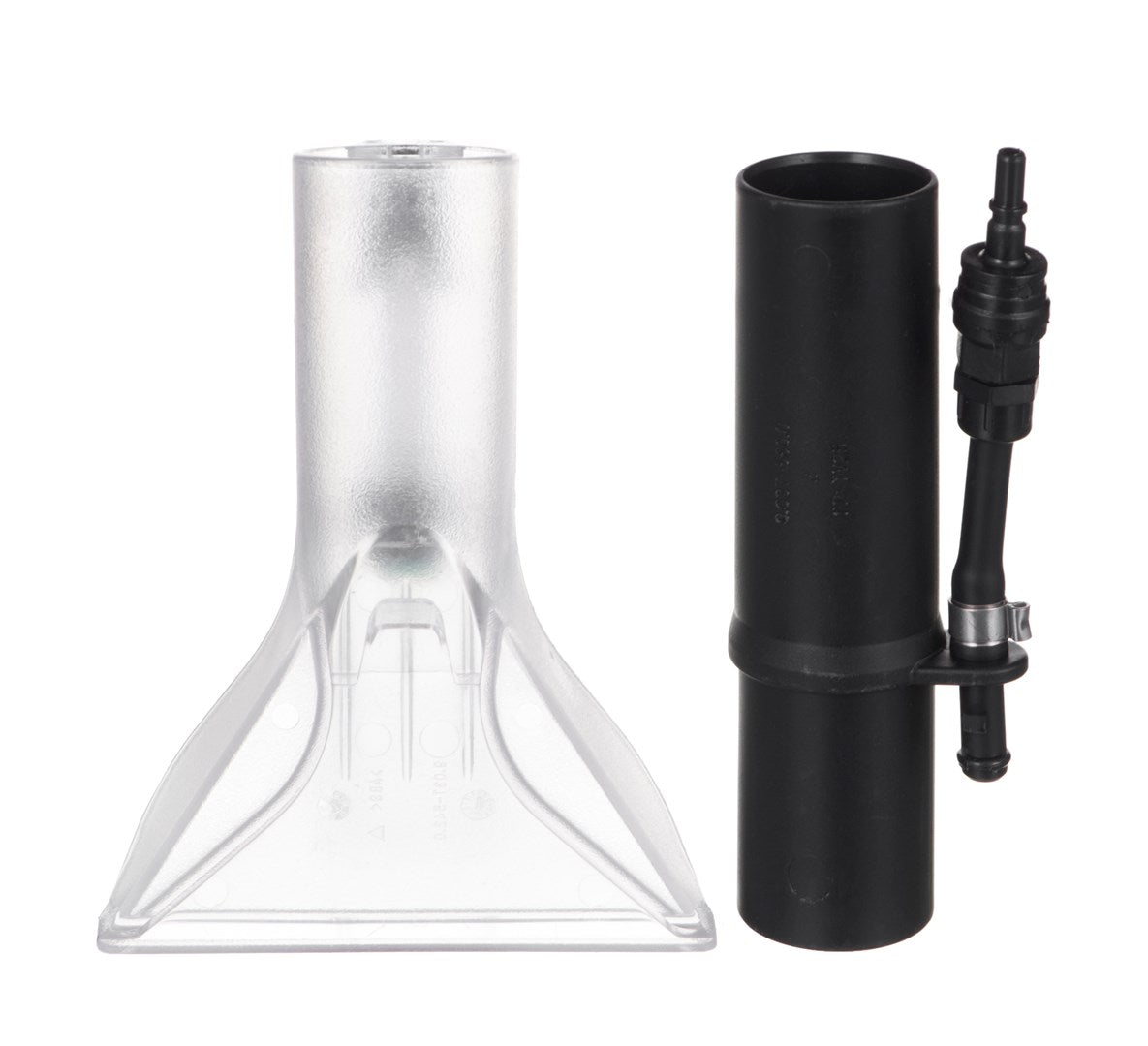 Una herramienta de tapicería de plástico transparente y un adaptador negro con accesorio de manguera.