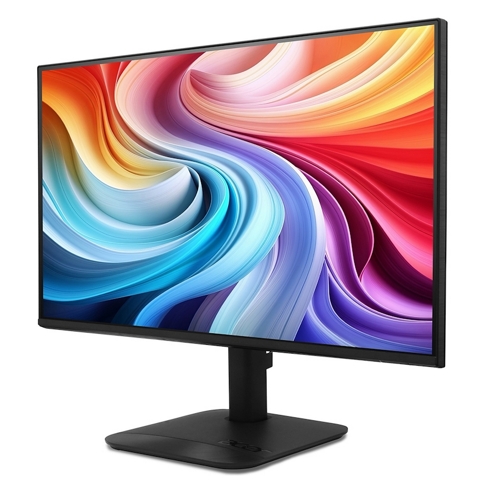 Un monitor nero con uno sfondo colorato e vorticoso. Supporto di colore chiaro.