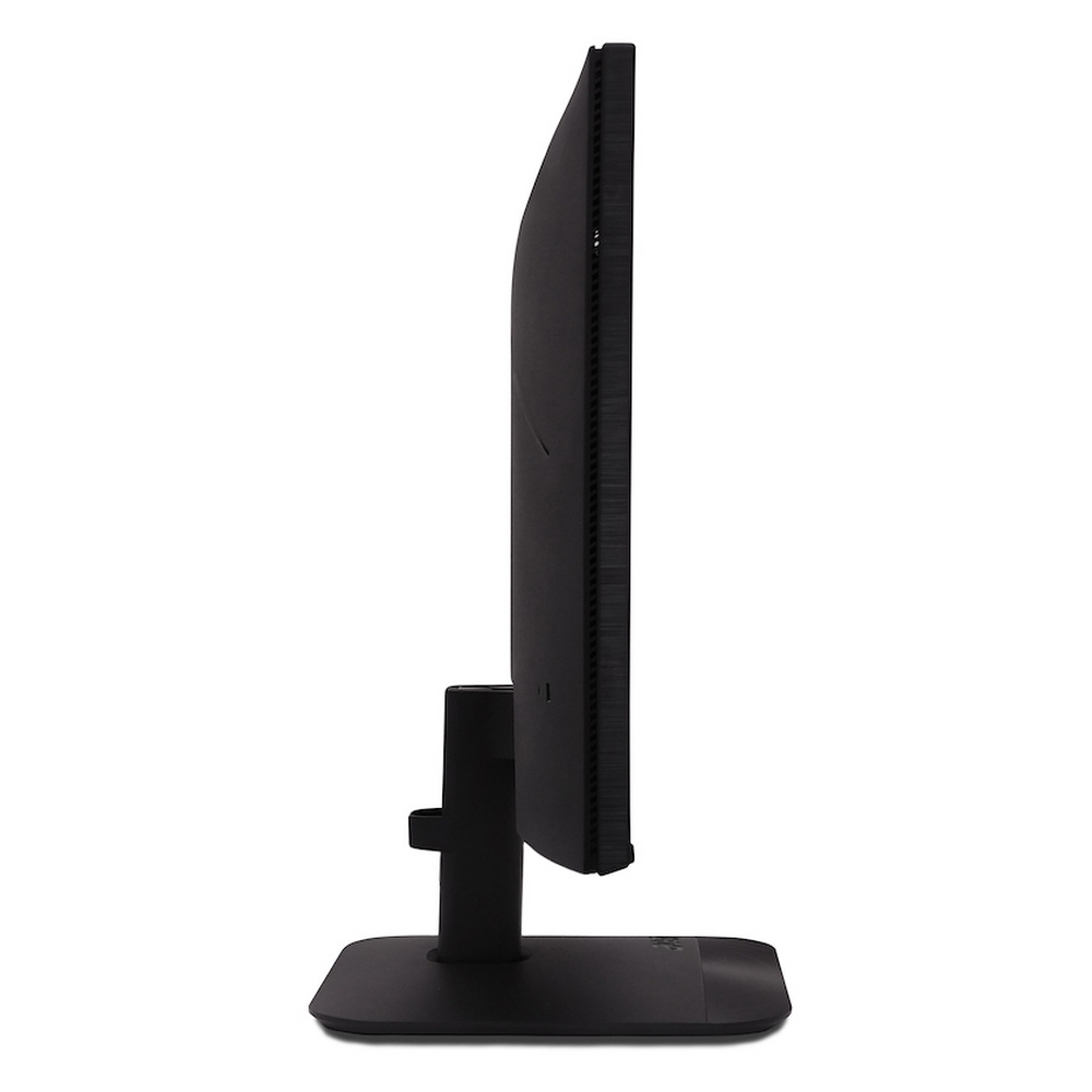 Un monitor di computer nero visto di profilo su sfondo bianco.