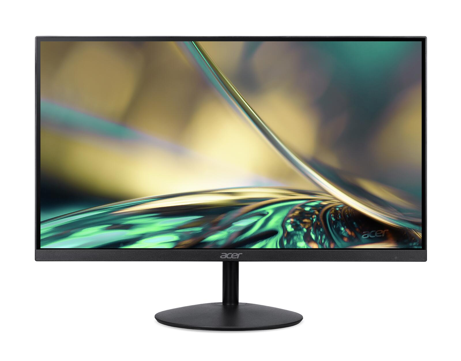 Un monitor Acer poggia su un supporto. Mostra un'immagine astratta con colori verdi e gialli.