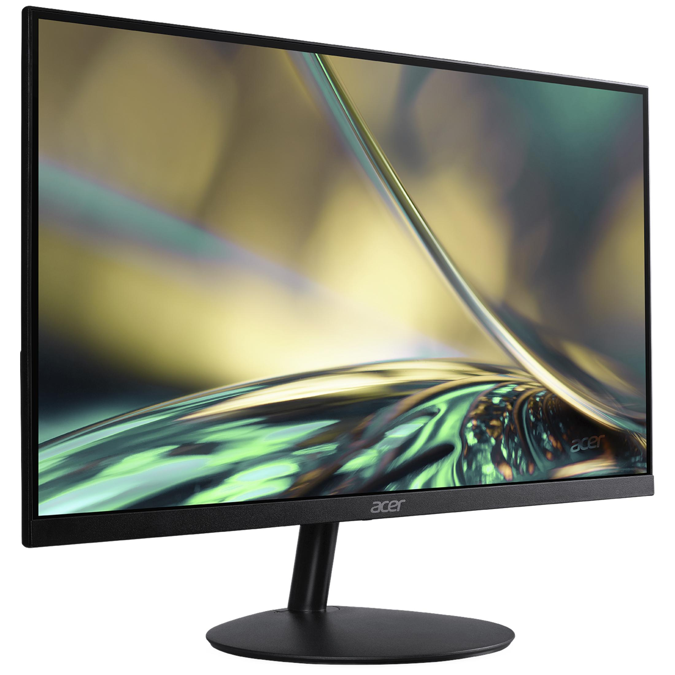 Un monitor Acer nero con sfondo astratto sulle tonalità gialle e verdi.