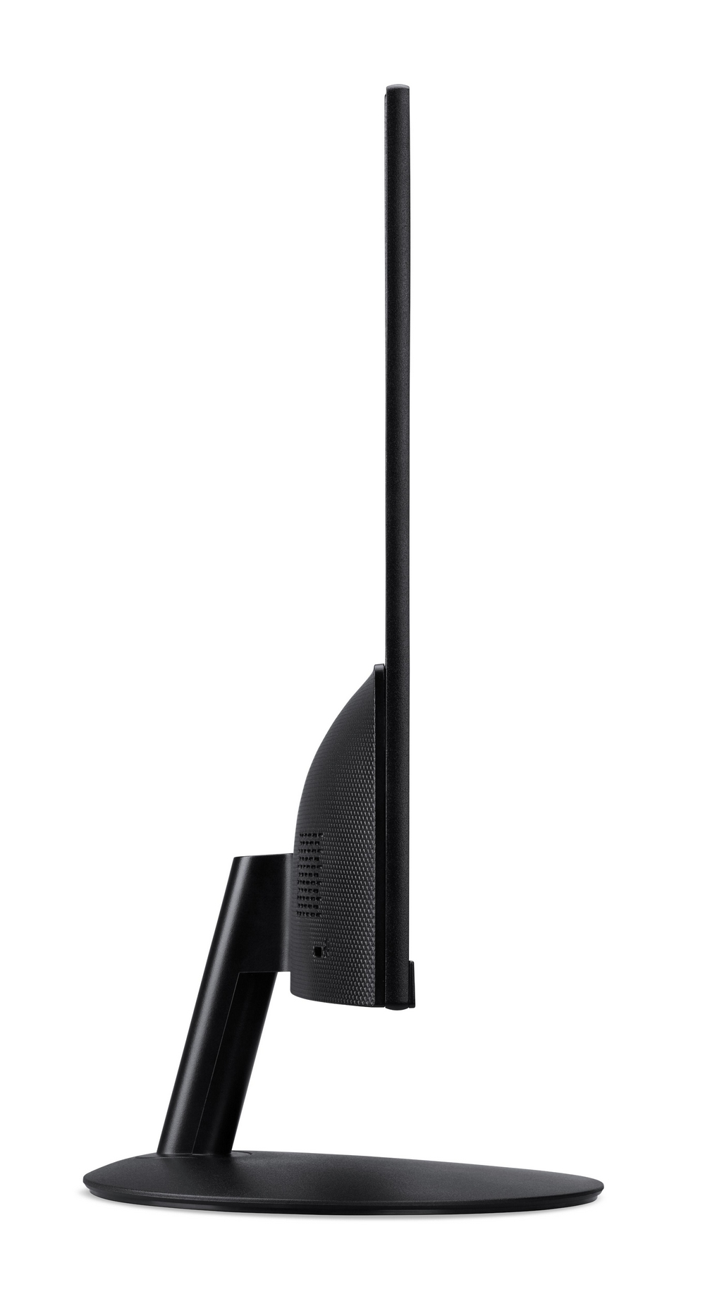 Monitor nero con supporto sottile, visto di lato su sfondo bianco.