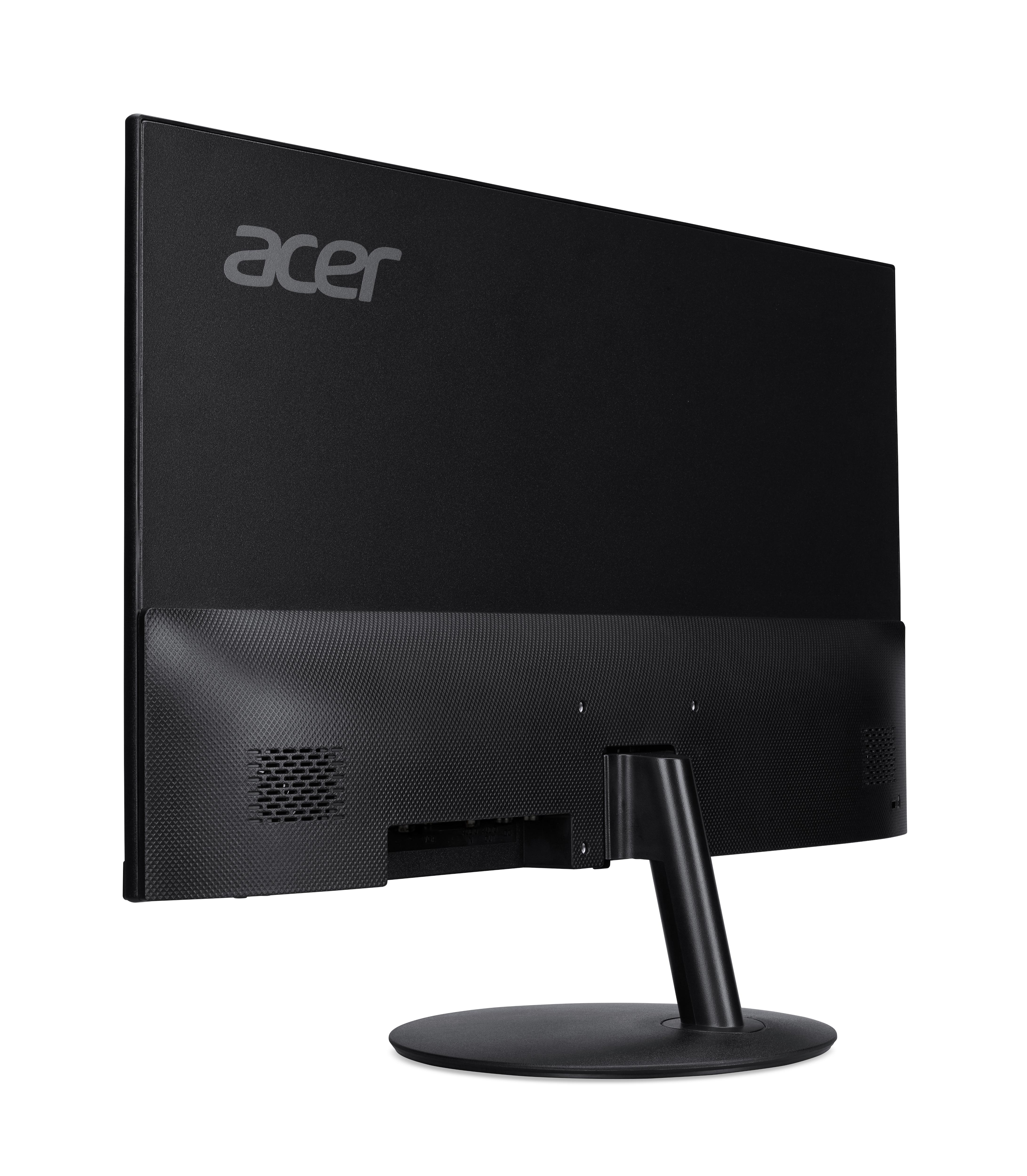 Retro di un monitor Acer nero con supporto e porte visibili su sfondo bianco.