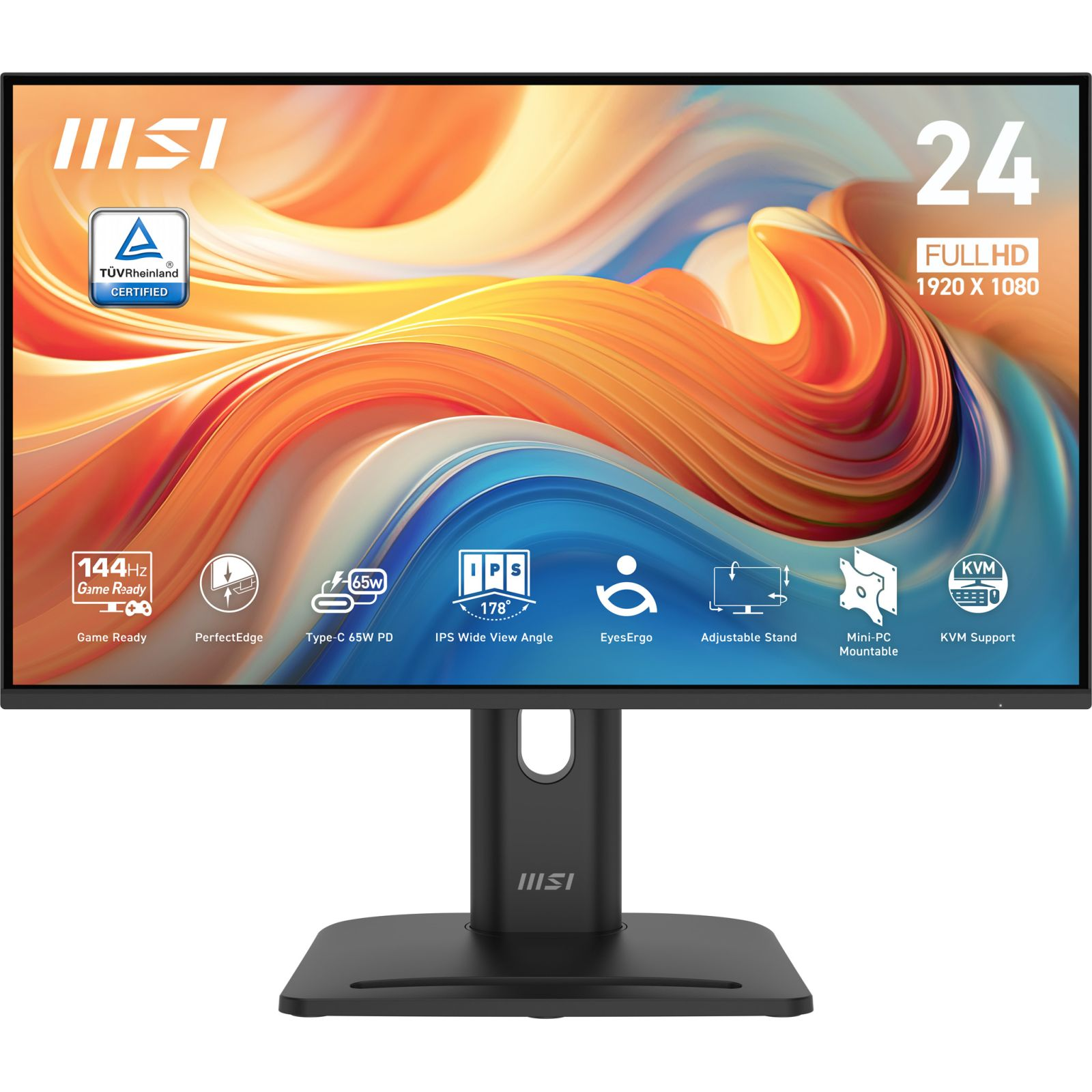 Un monitor MSI Full HD da 24 pollici con sfondo astratto e icone delle funzioni.