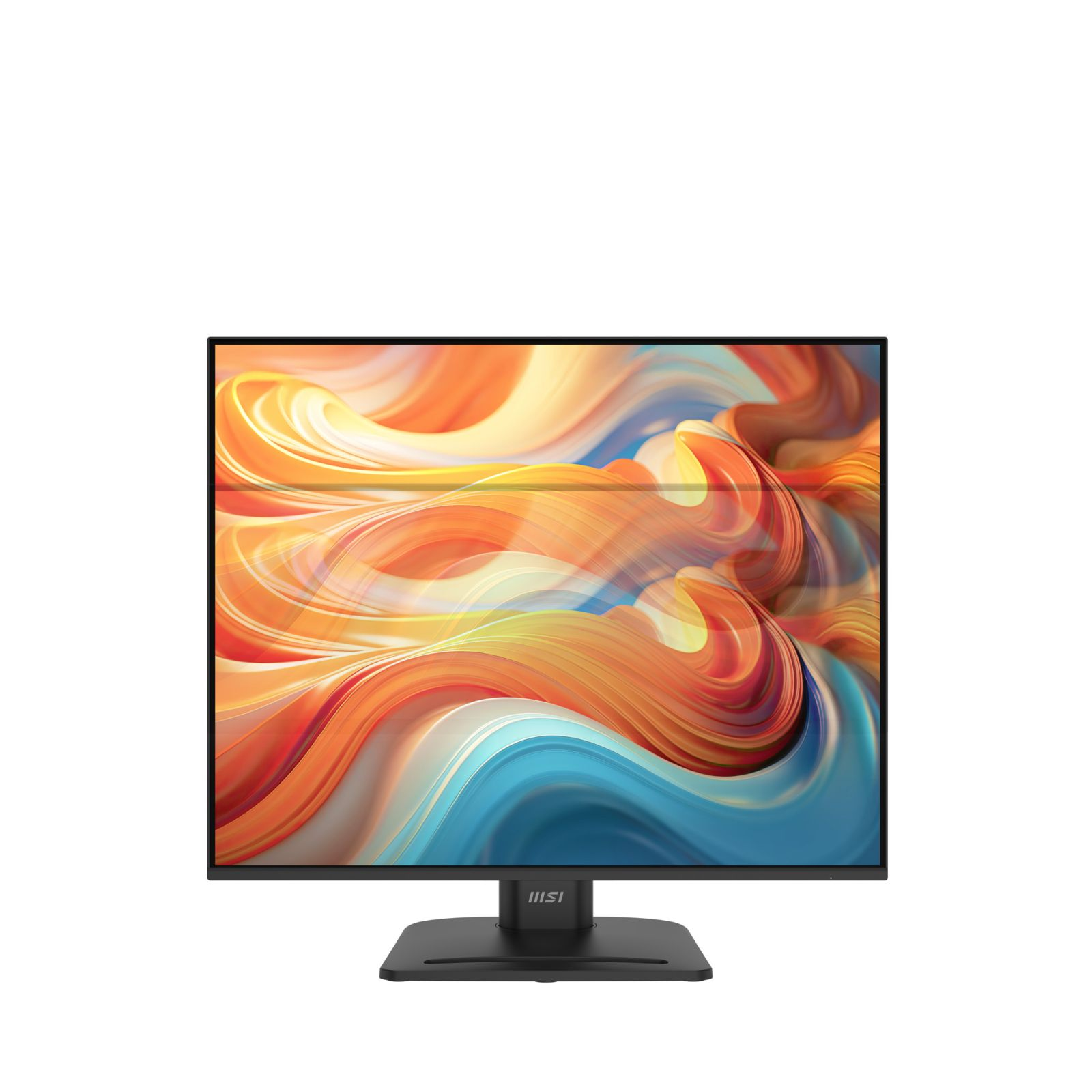 Un monitor MSI nero con uno sfondo astratto e colorato.