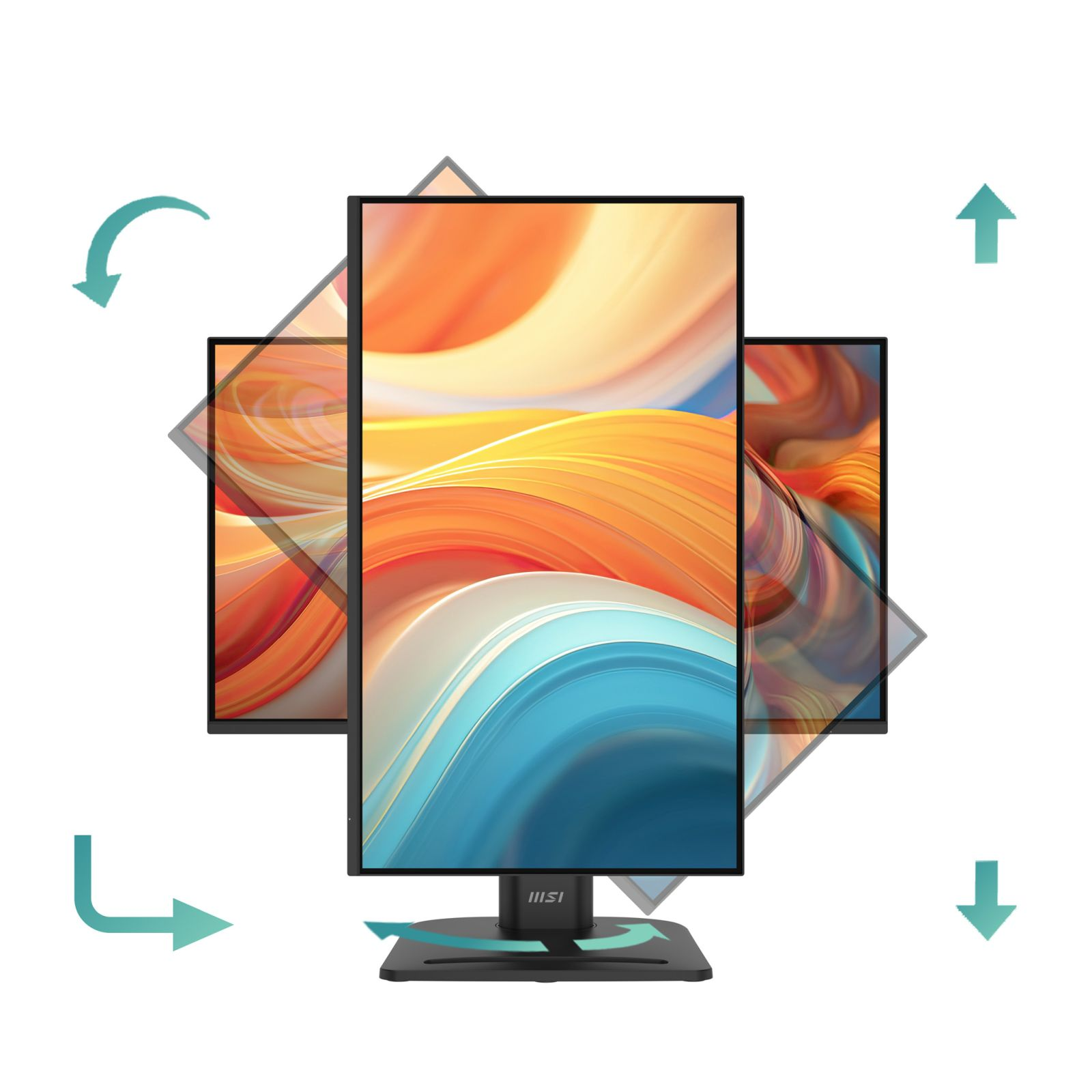 Tre monitor verticali, centrati, con grafica astratta colorata. Frecce indicano rotazione.