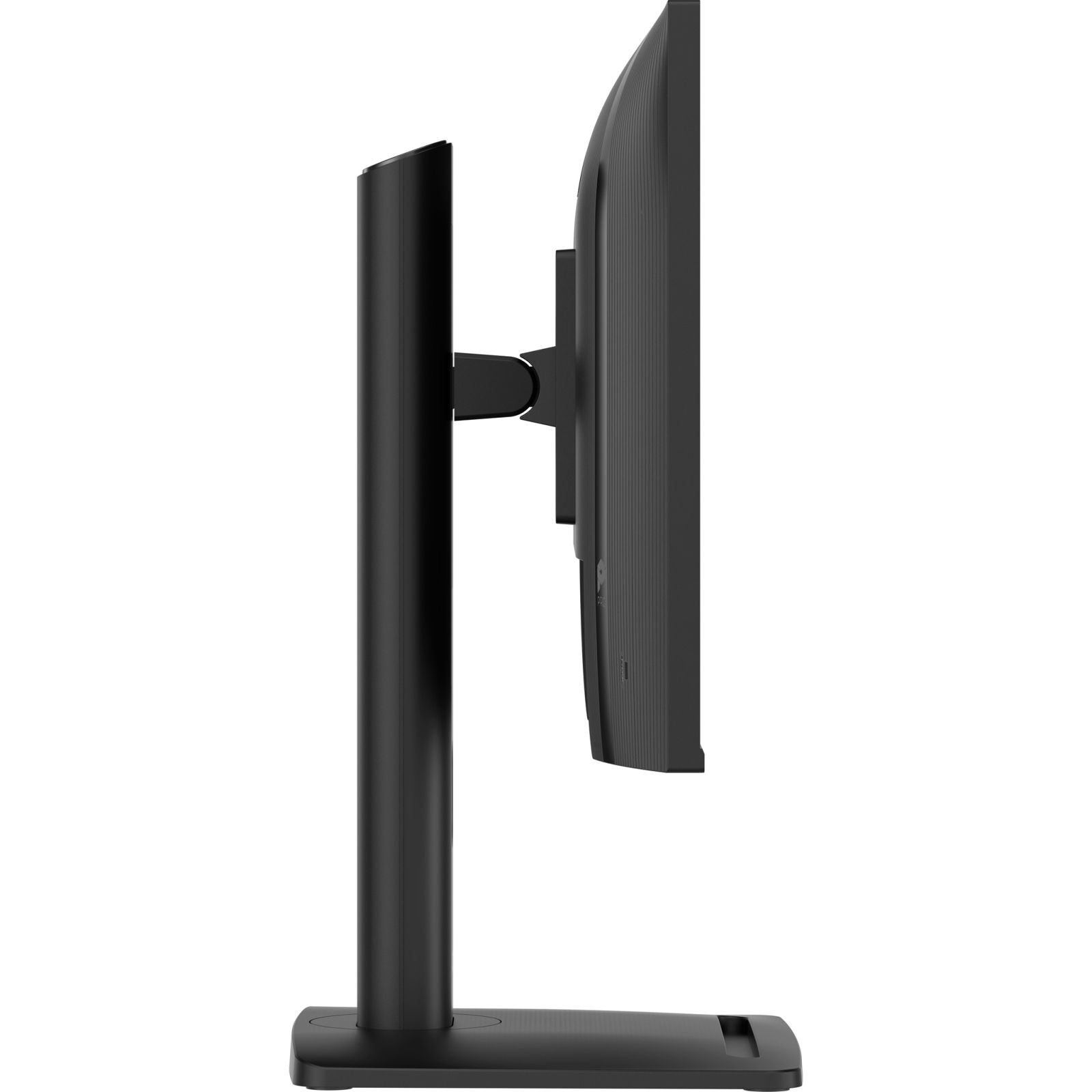 Monitor nero su supporto nero, visto di lato.